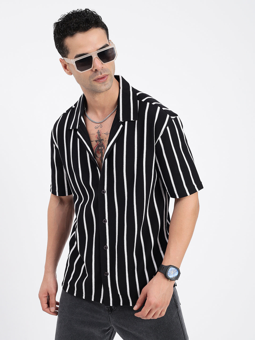 Men Striped Black Relaxed Fit Shirt