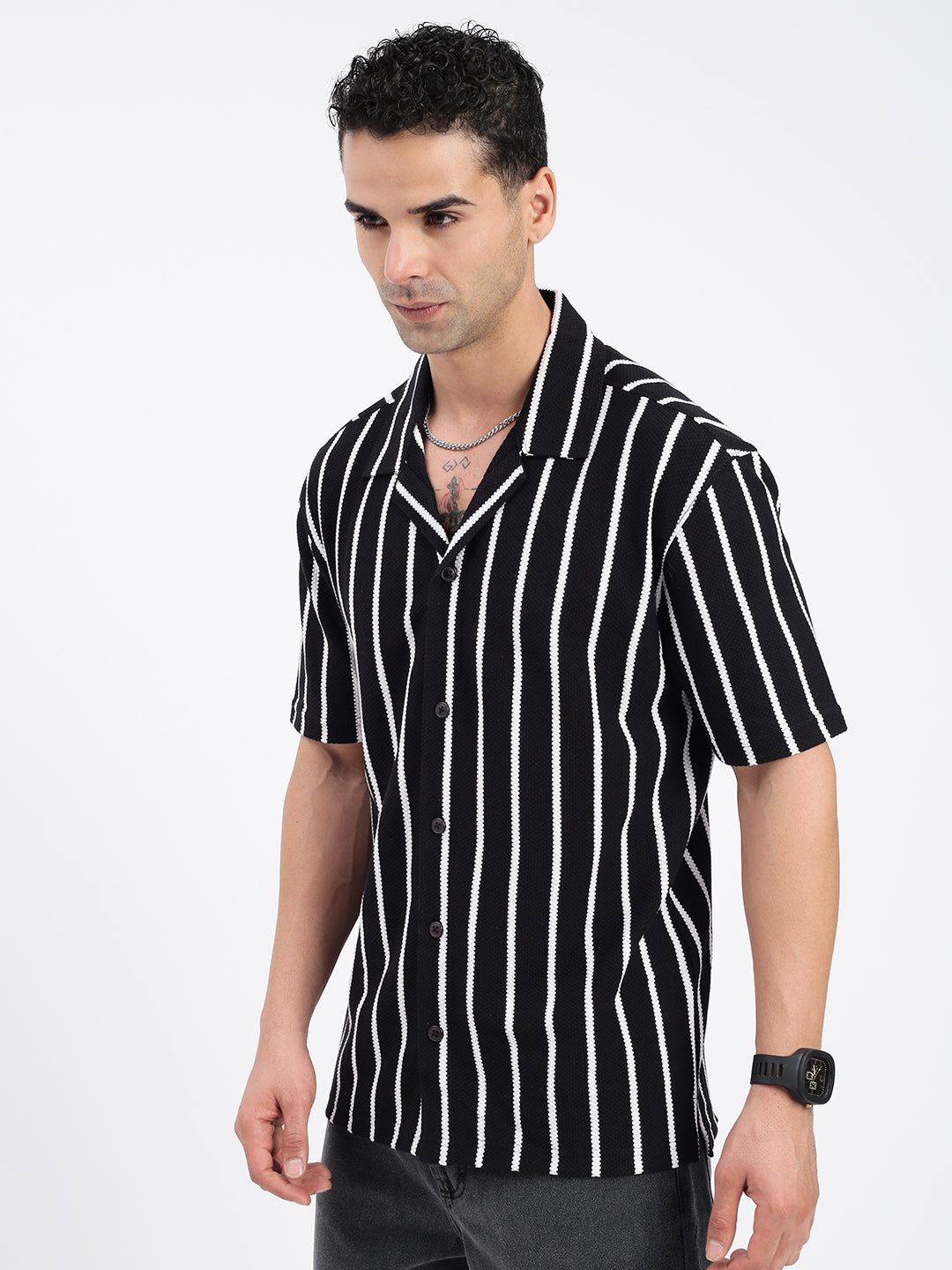 Men Striped Black Relaxed Fit Shirt