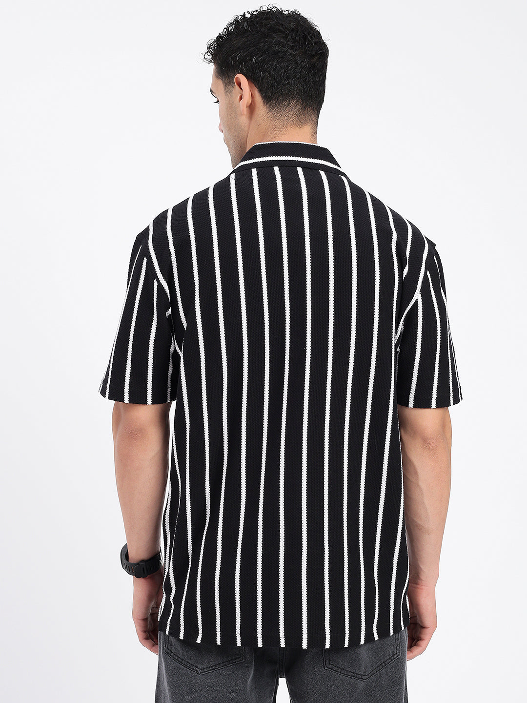 Men Striped Black Relaxed Fit Shirt