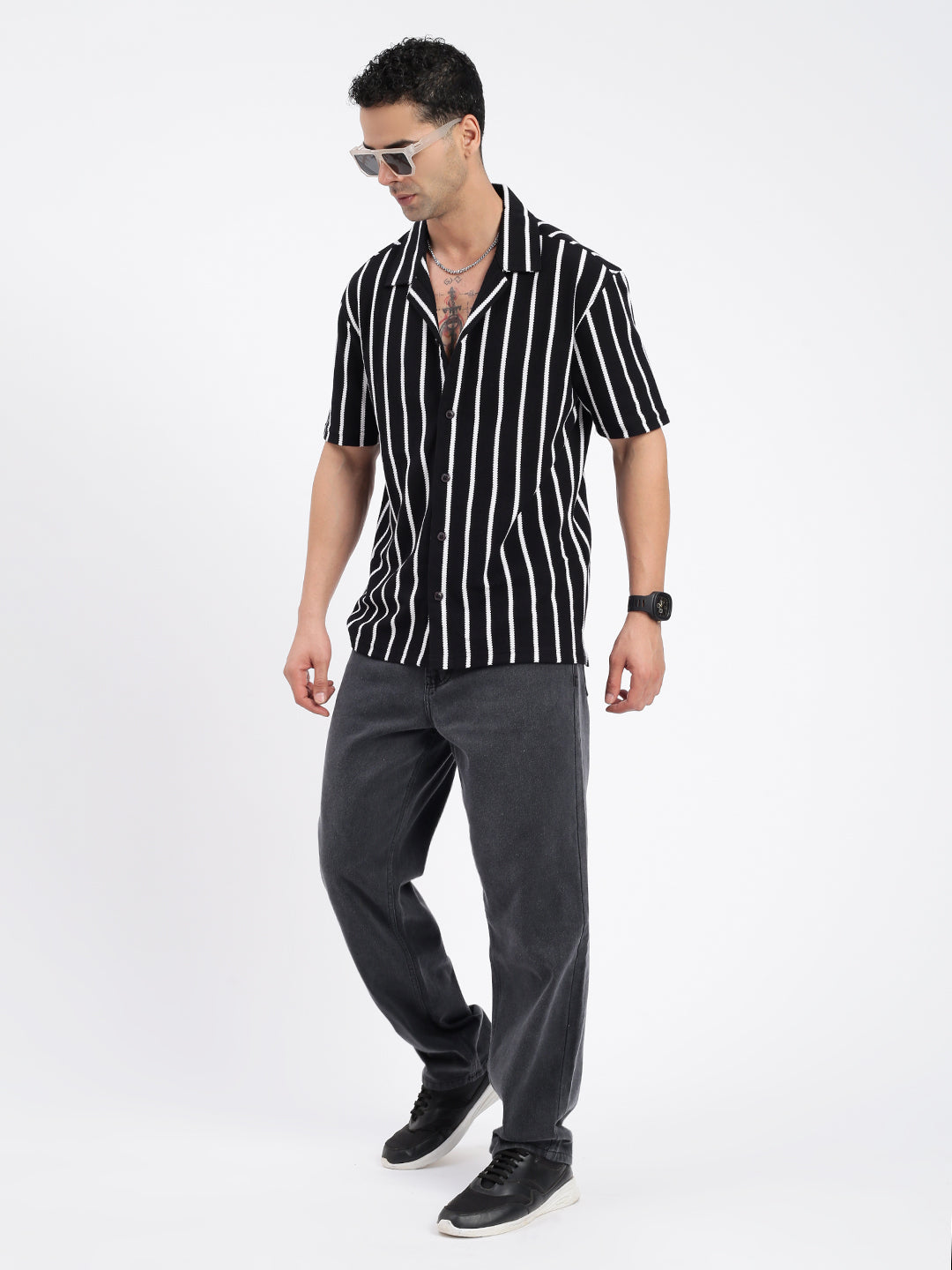 Men Striped Black Relaxed Fit Shirt