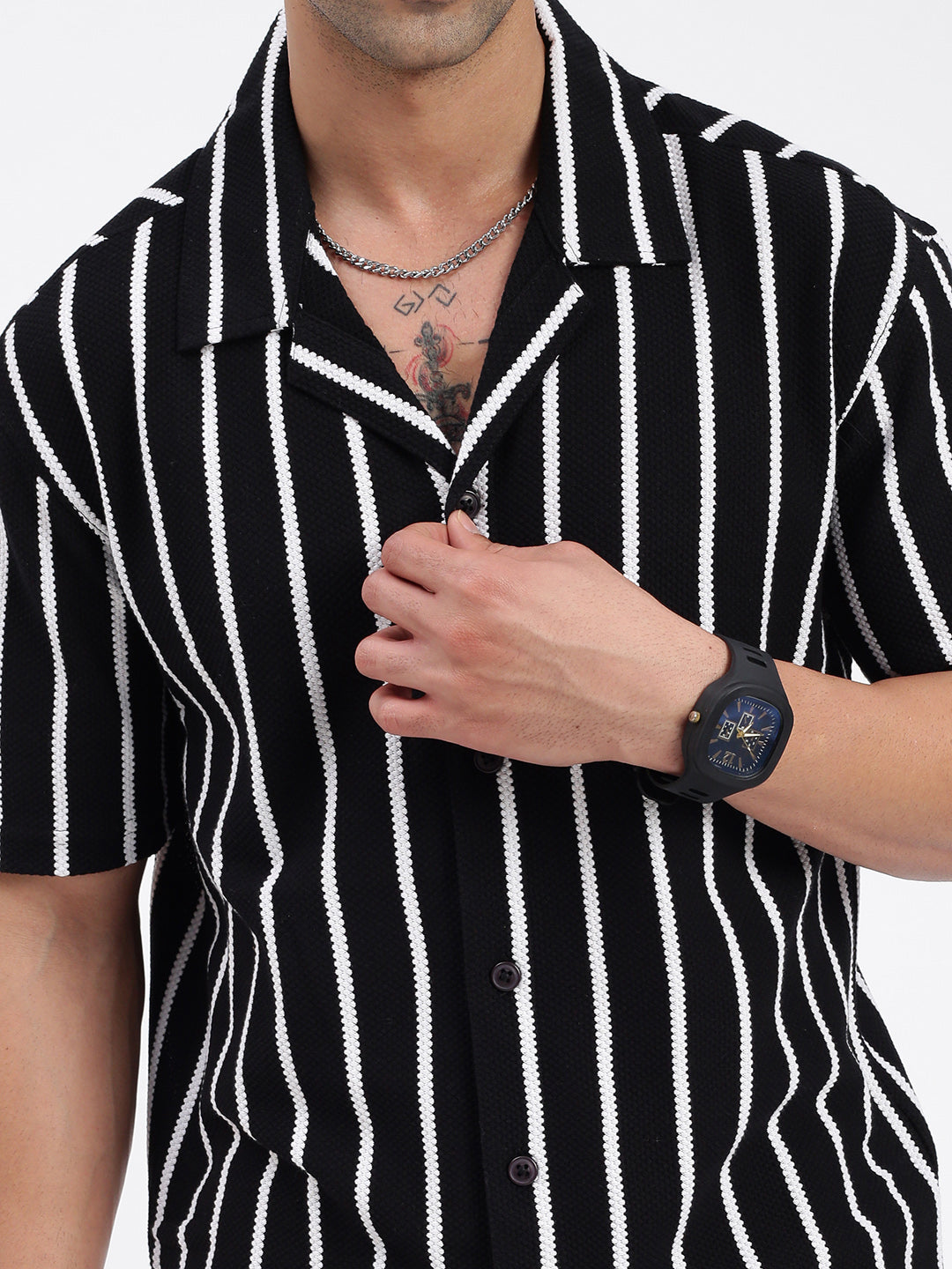 Men Striped Black Relaxed Fit Shirt