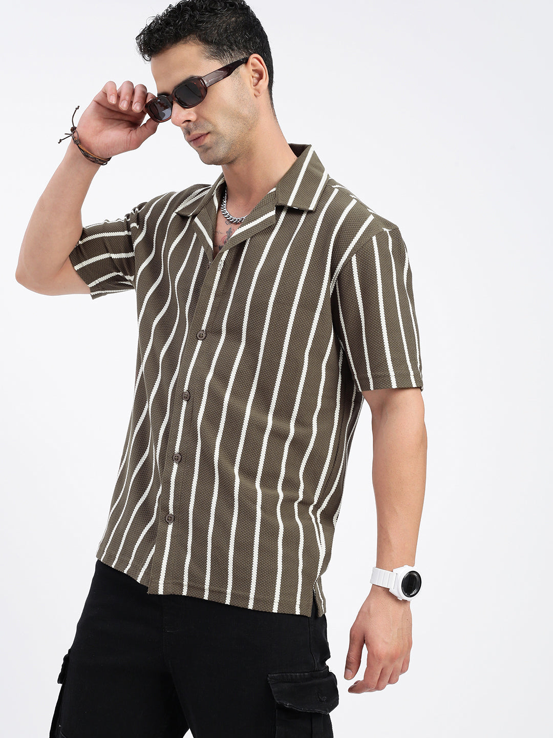 Men Striped Olive Relaxed Fit Shirt