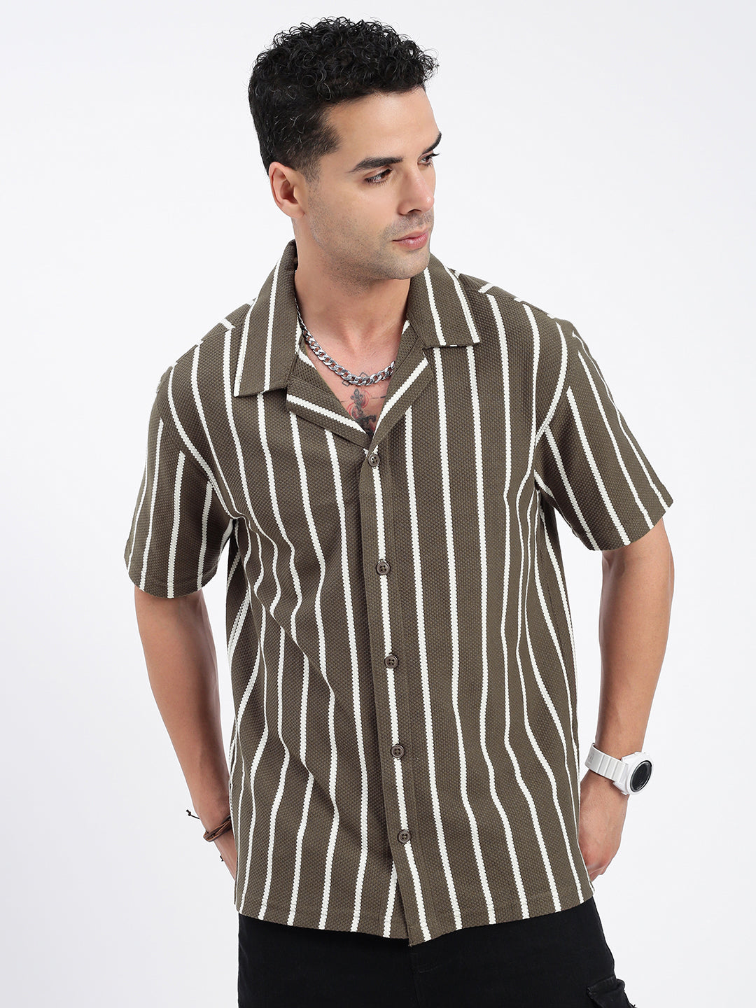 Men Striped Olive Relaxed Fit Shirt