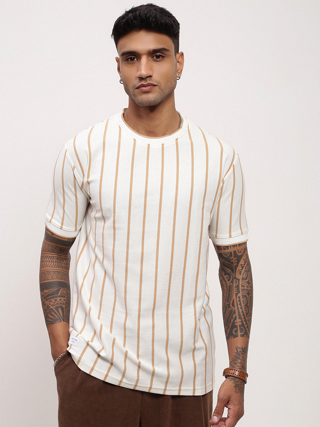 Men Cream Striped T Shirt