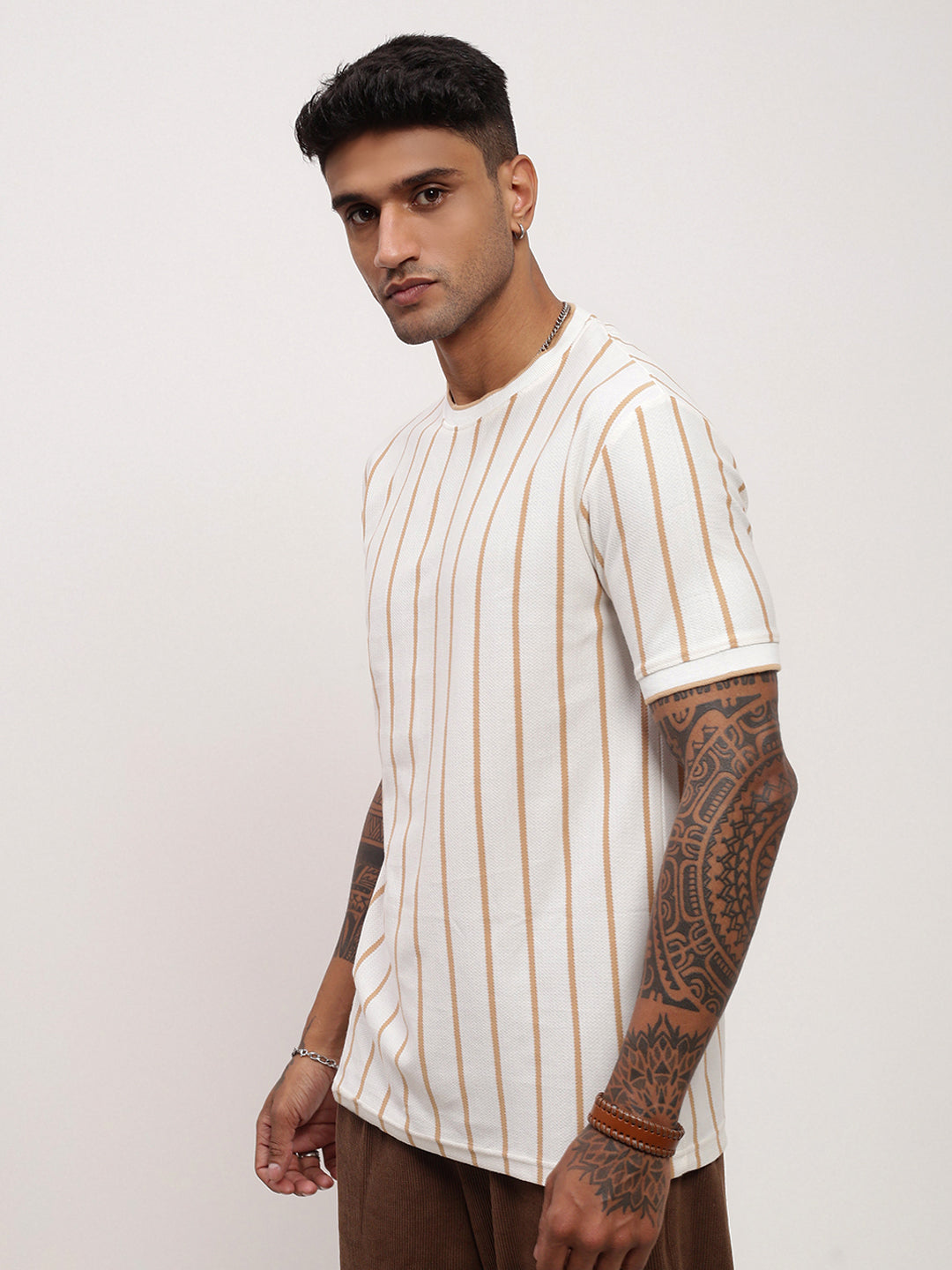 Men Cream Striped T Shirt