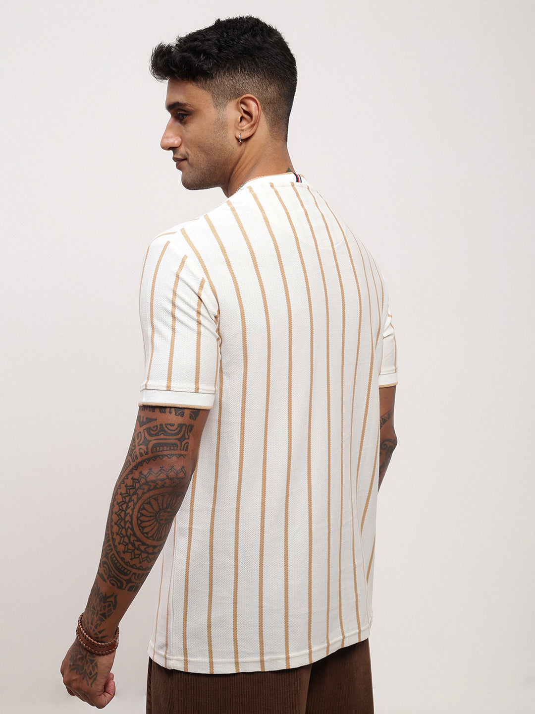 Men Cream Striped T Shirt