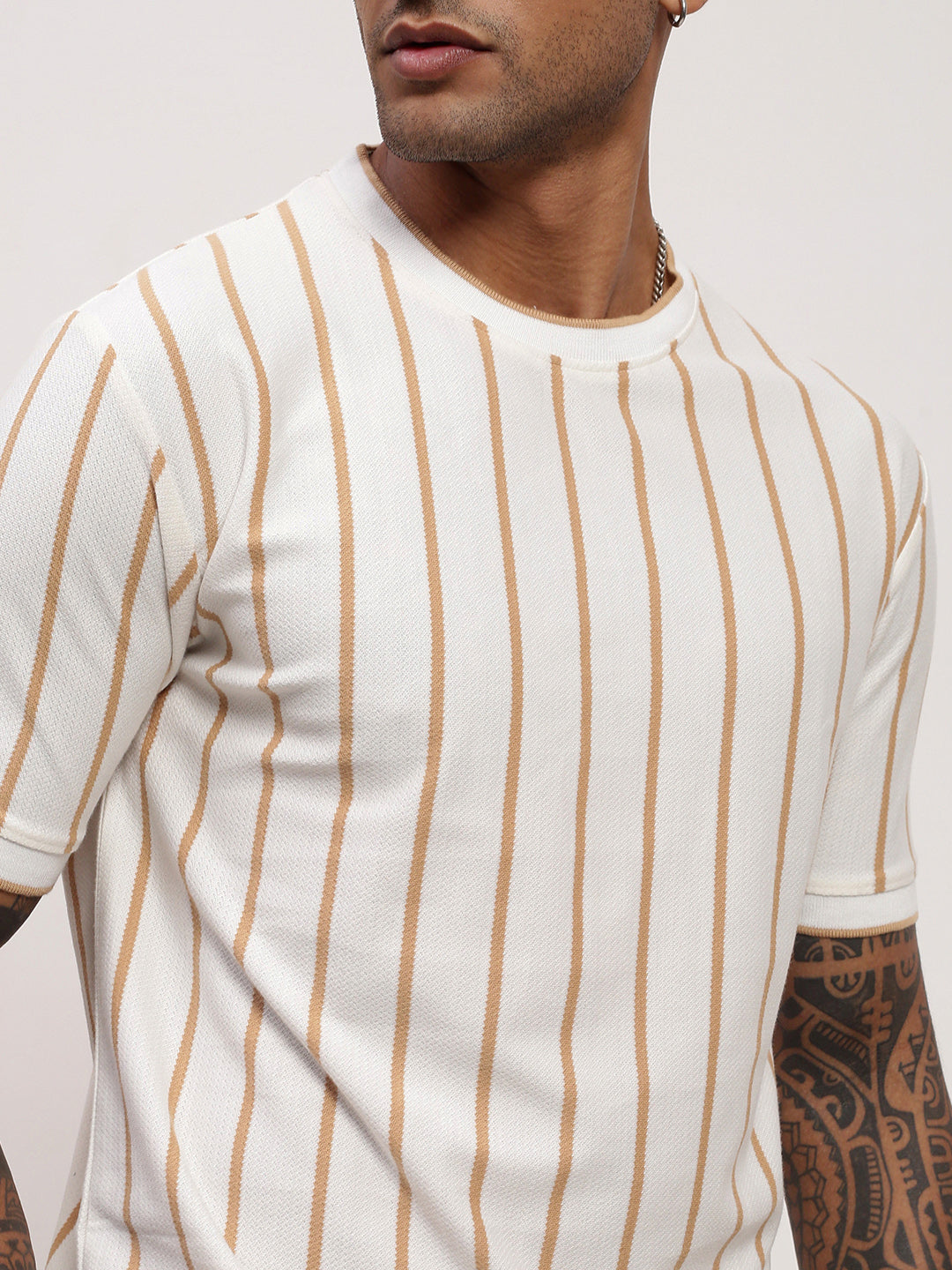 Men Cream Striped T Shirt