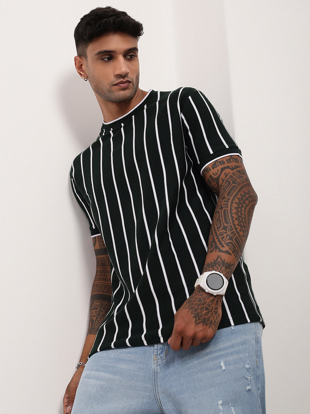 Men Green Striped T Shirt