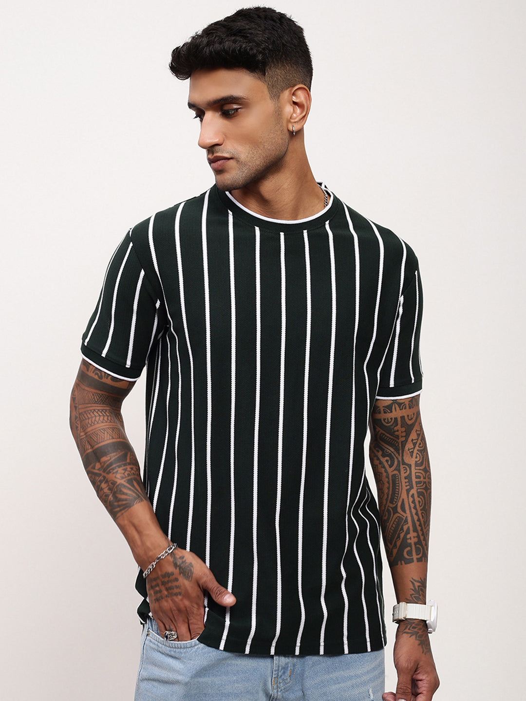 Men Green Striped T Shirt