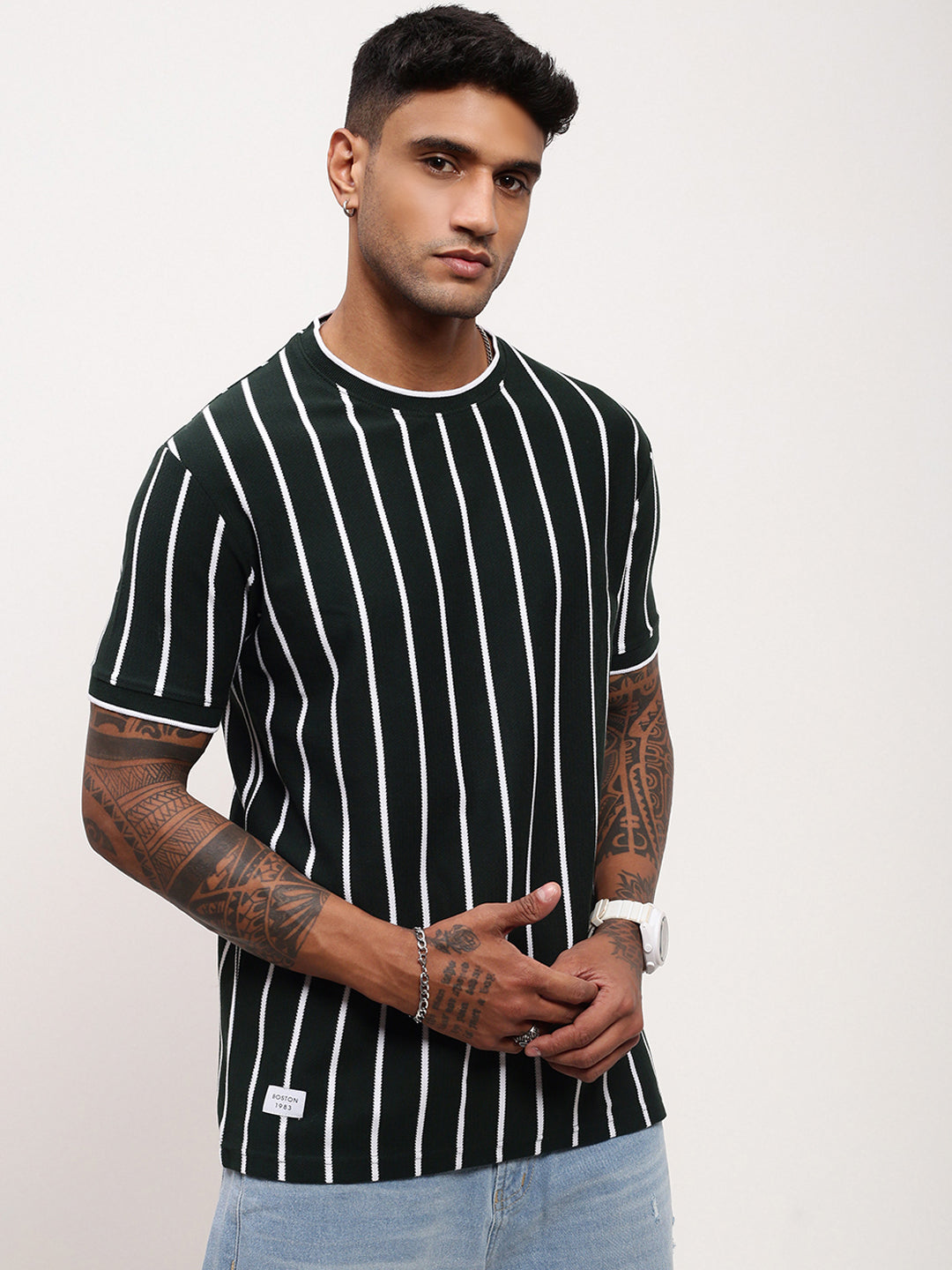 Men Green Striped T Shirt