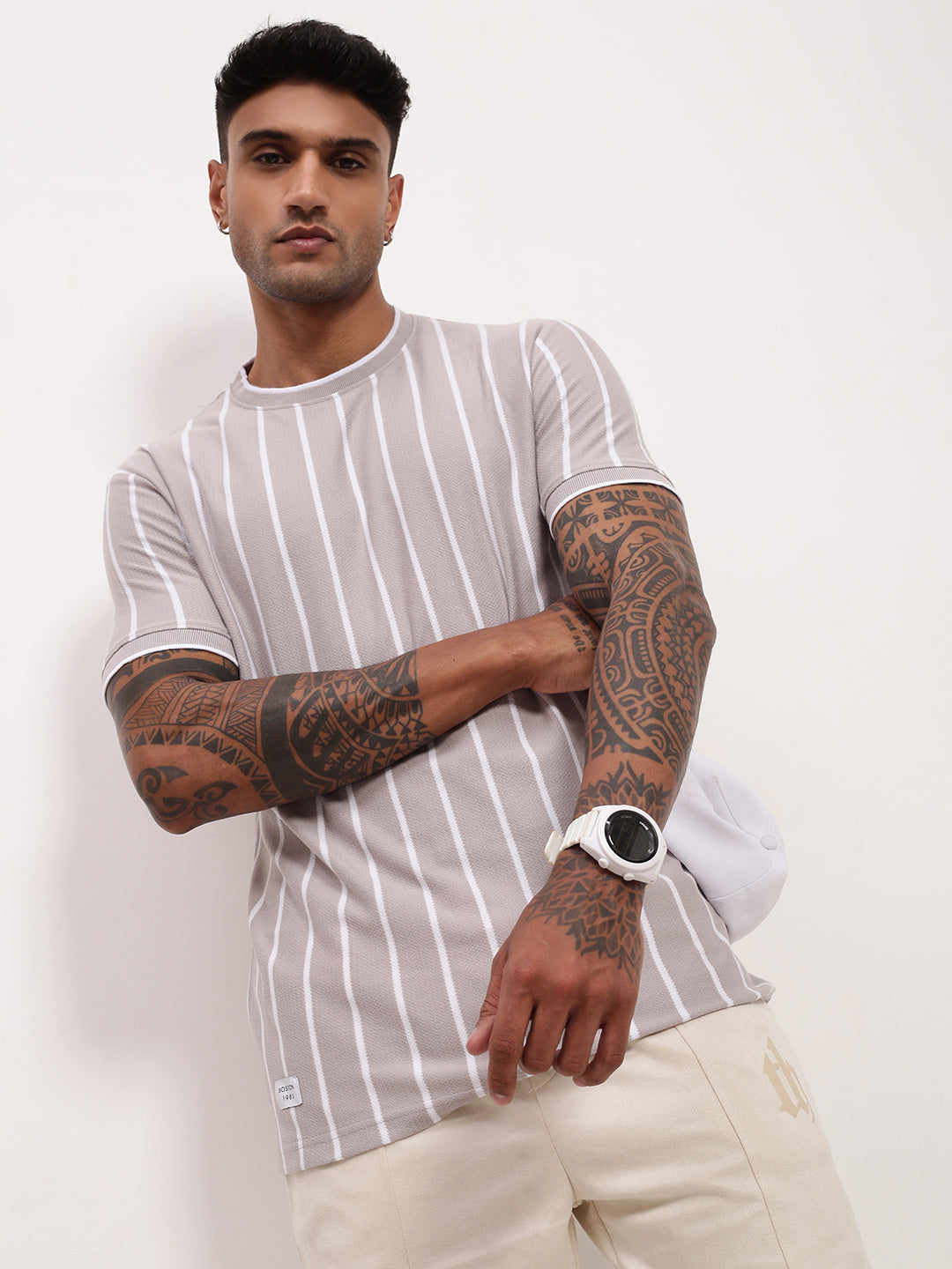 Men Grey Striped T Shirt