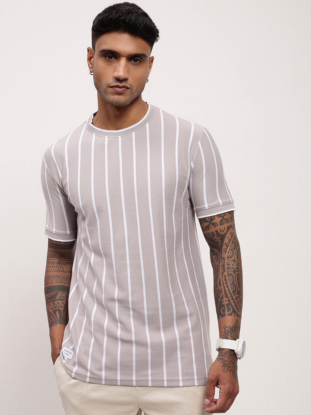 Men Grey Striped T Shirt