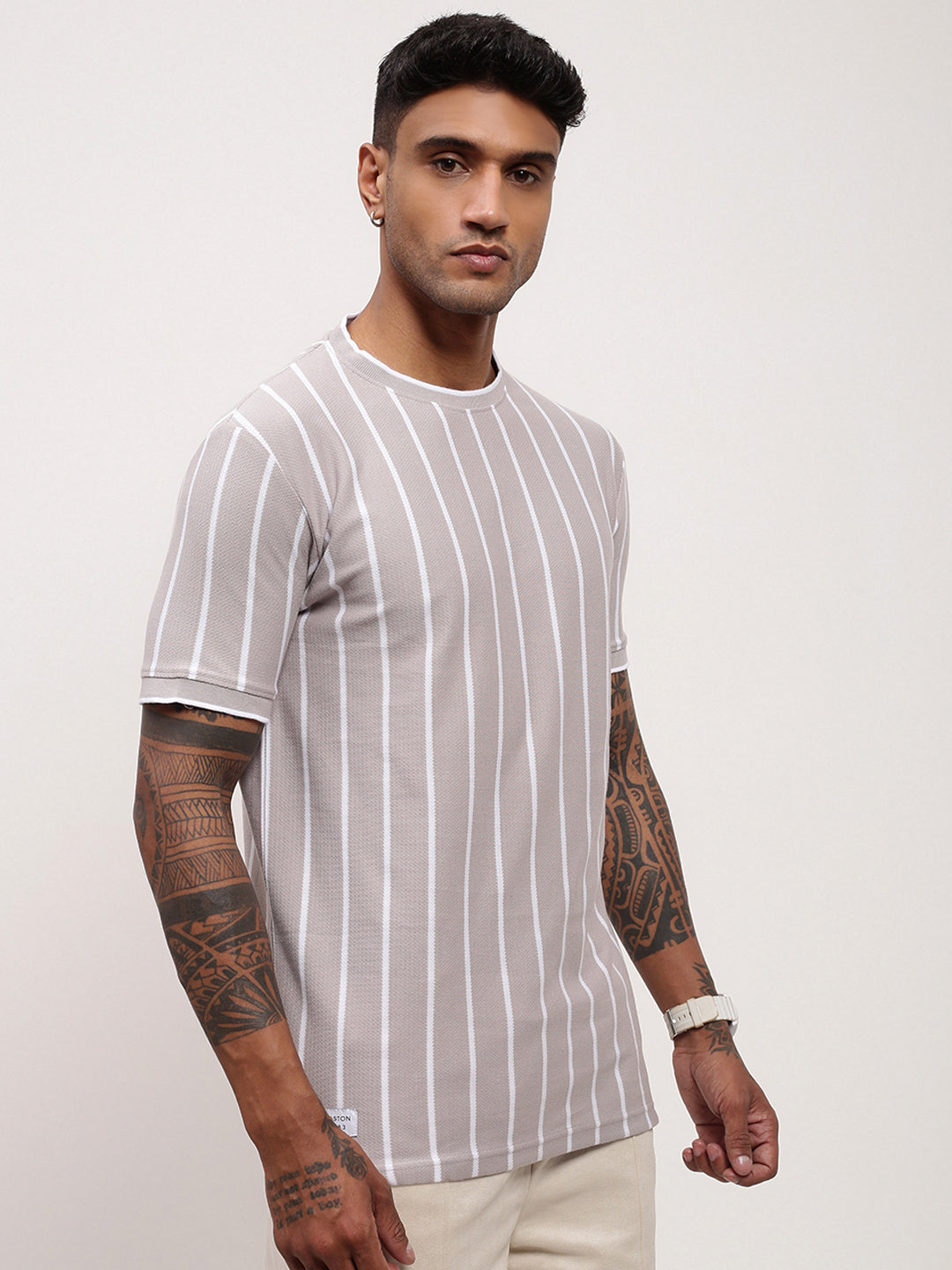 Men Grey Striped T Shirt