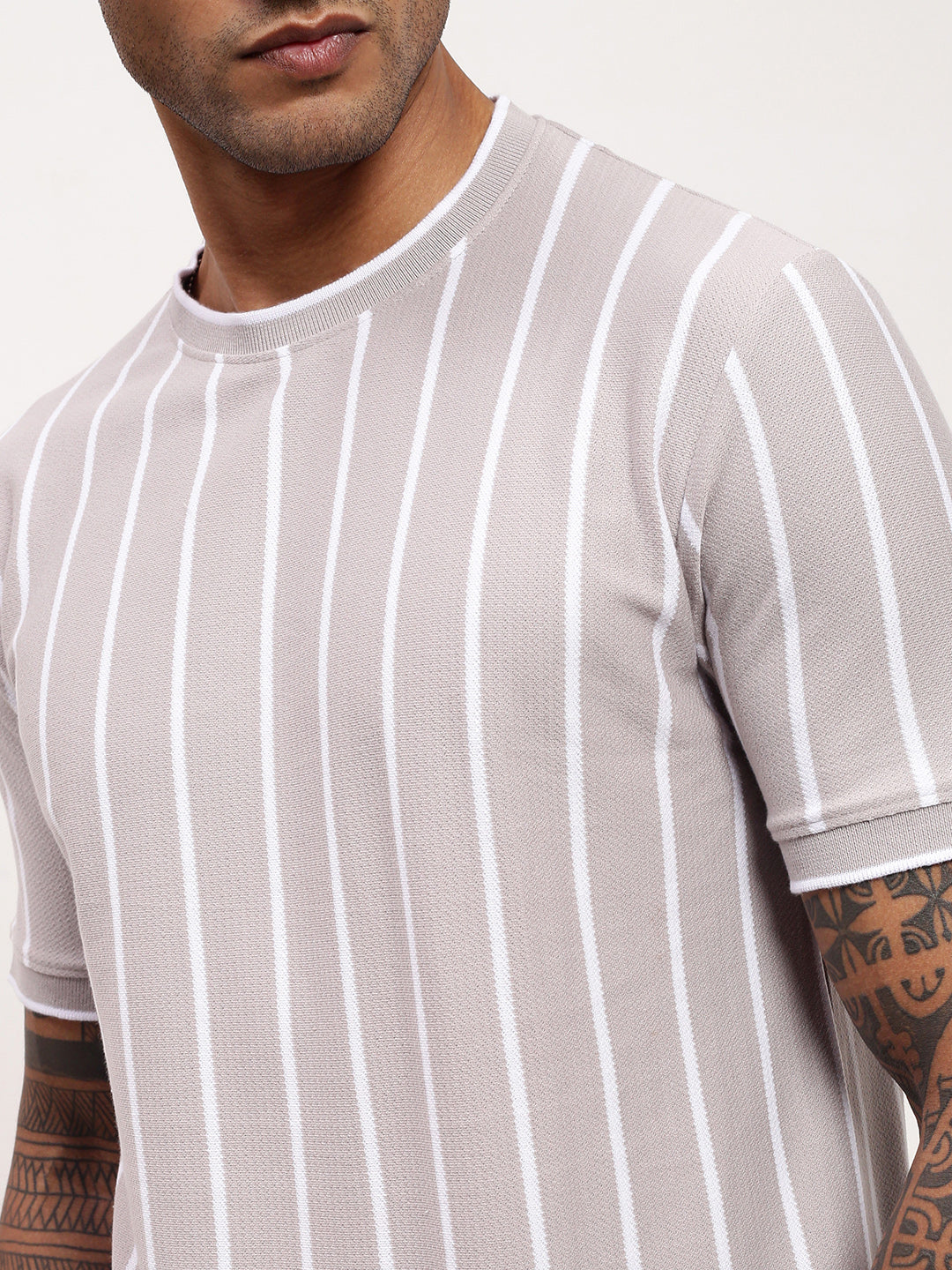 Men Grey Striped T Shirt