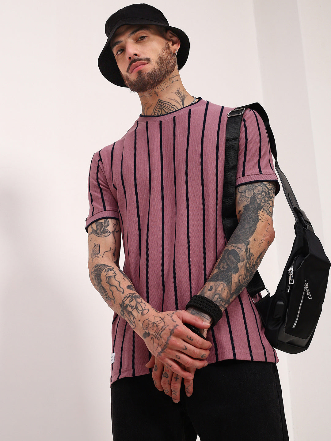 Men Purple Striped T Shirt