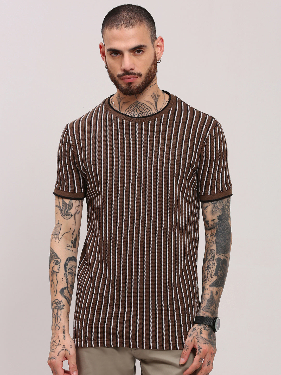 Men Brown Striped T Shirt