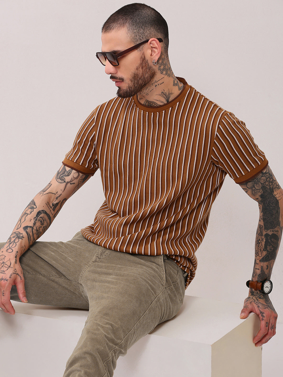 Men Camel Brown Striped T Shirt