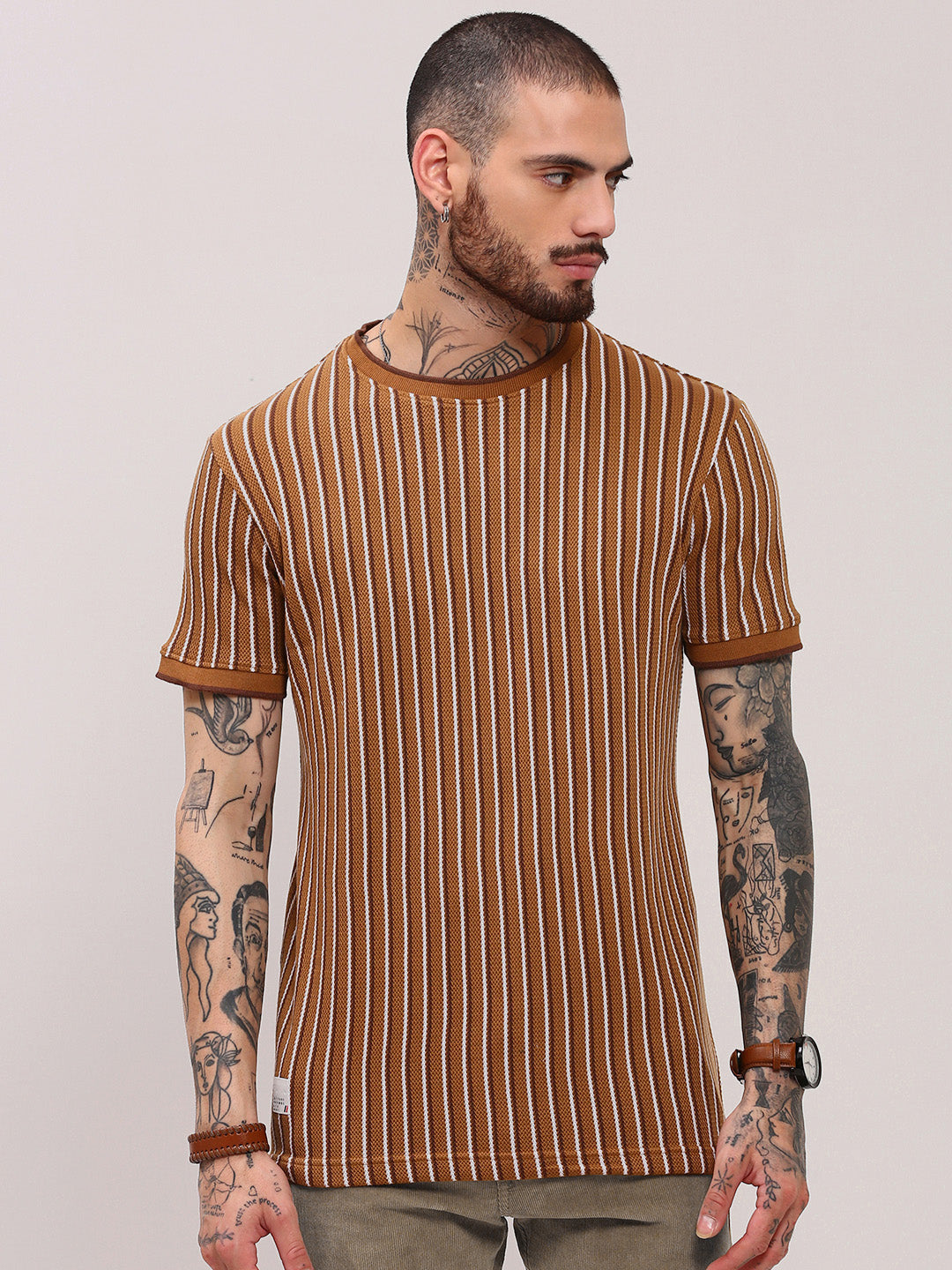 Men Camel Brown Striped T Shirt