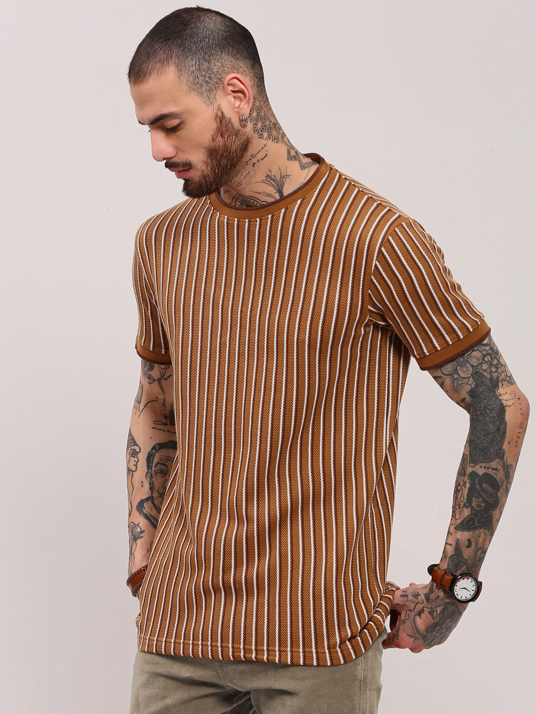 Men Camel Brown Striped T Shirt