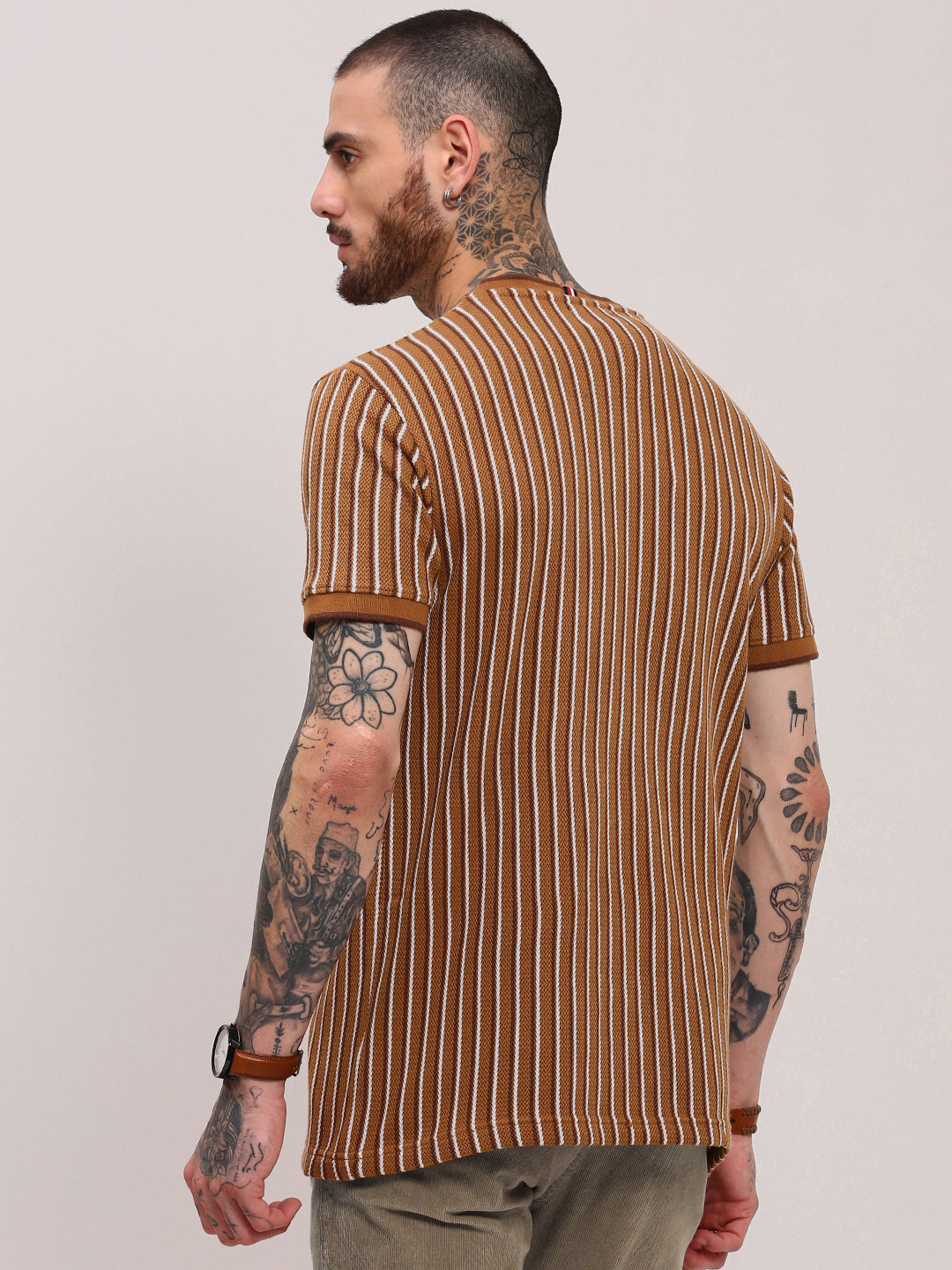 Men Camel Brown Striped T Shirt