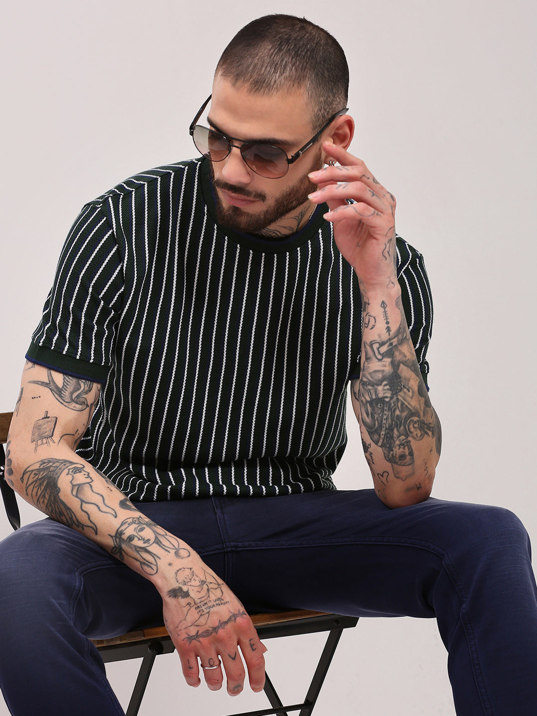 Men Green Striped T Shirt