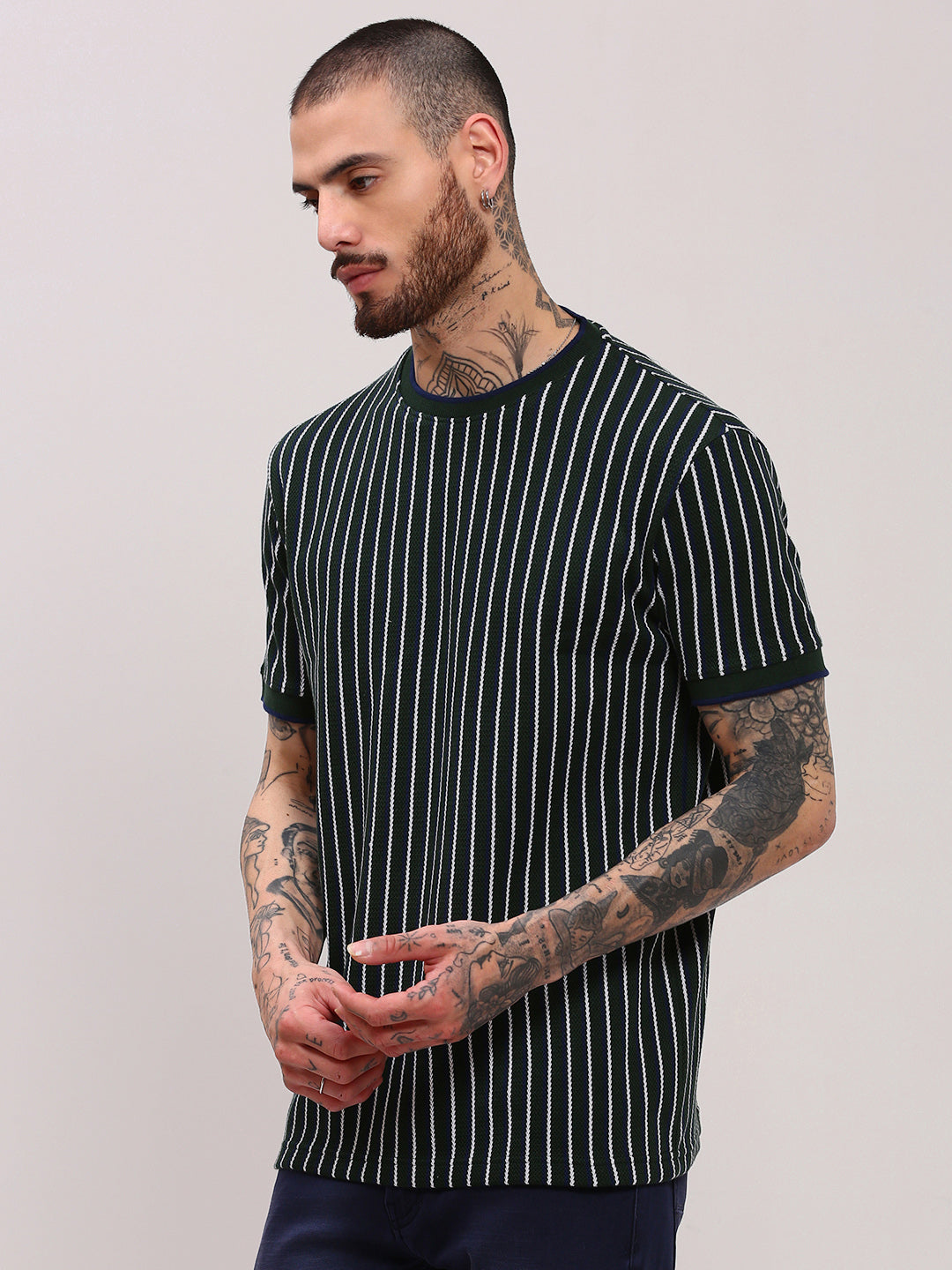 Men Green Striped T Shirt