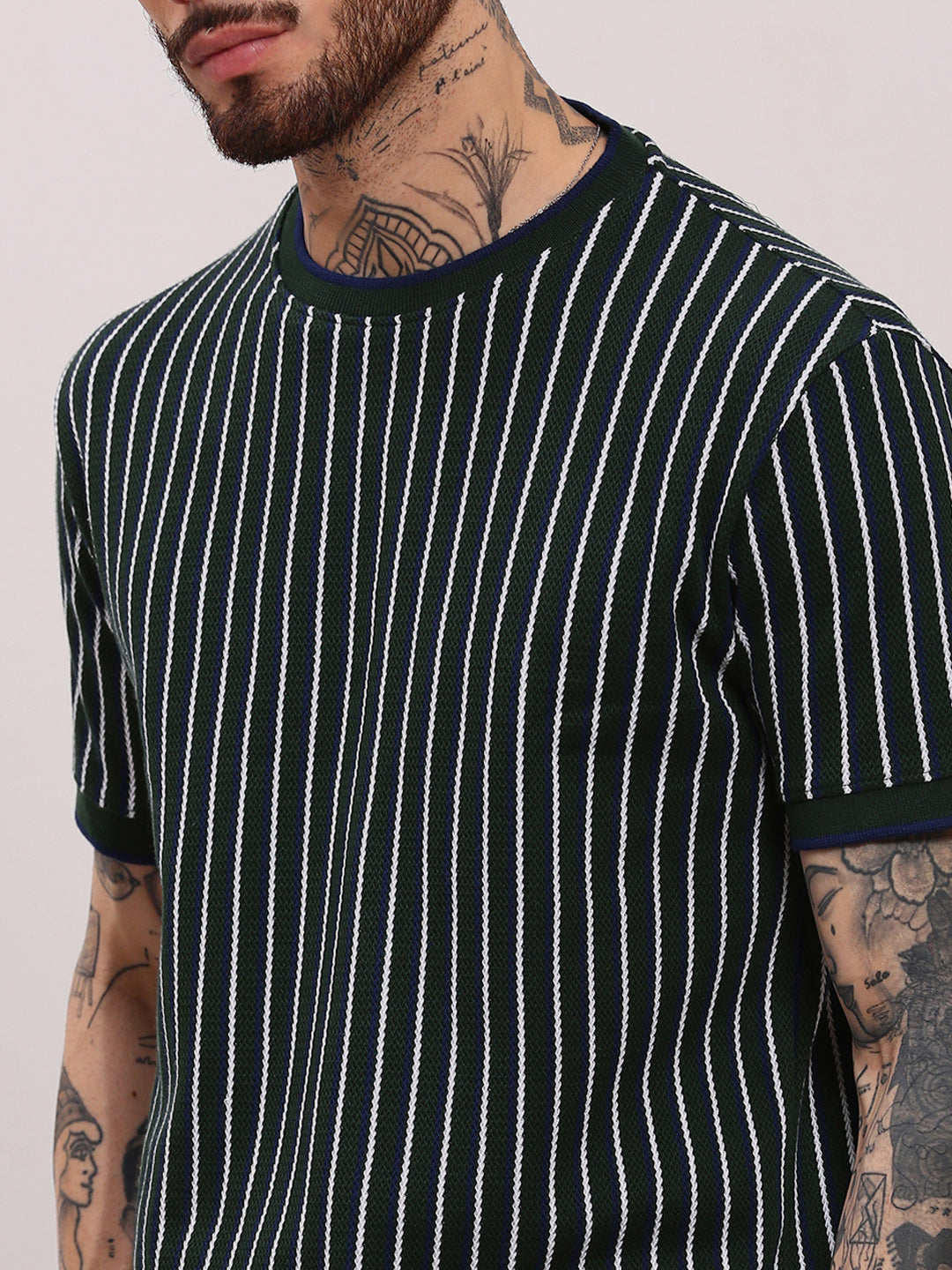 Men Green Striped T Shirt