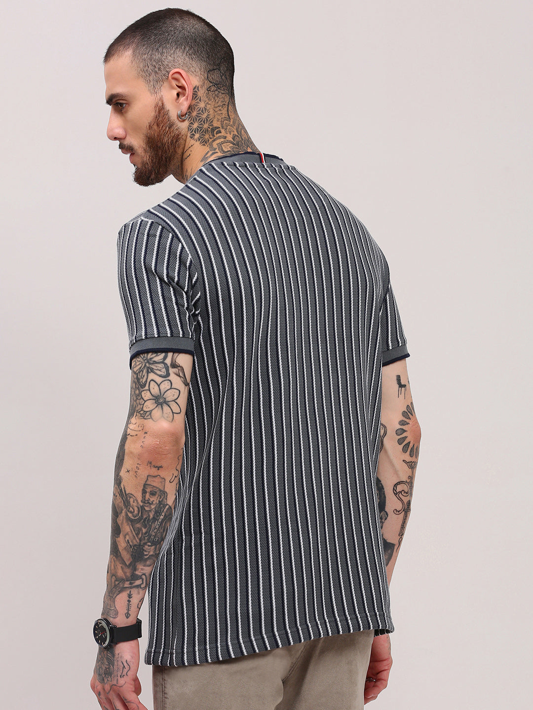 Men Grey Striped T Shirt