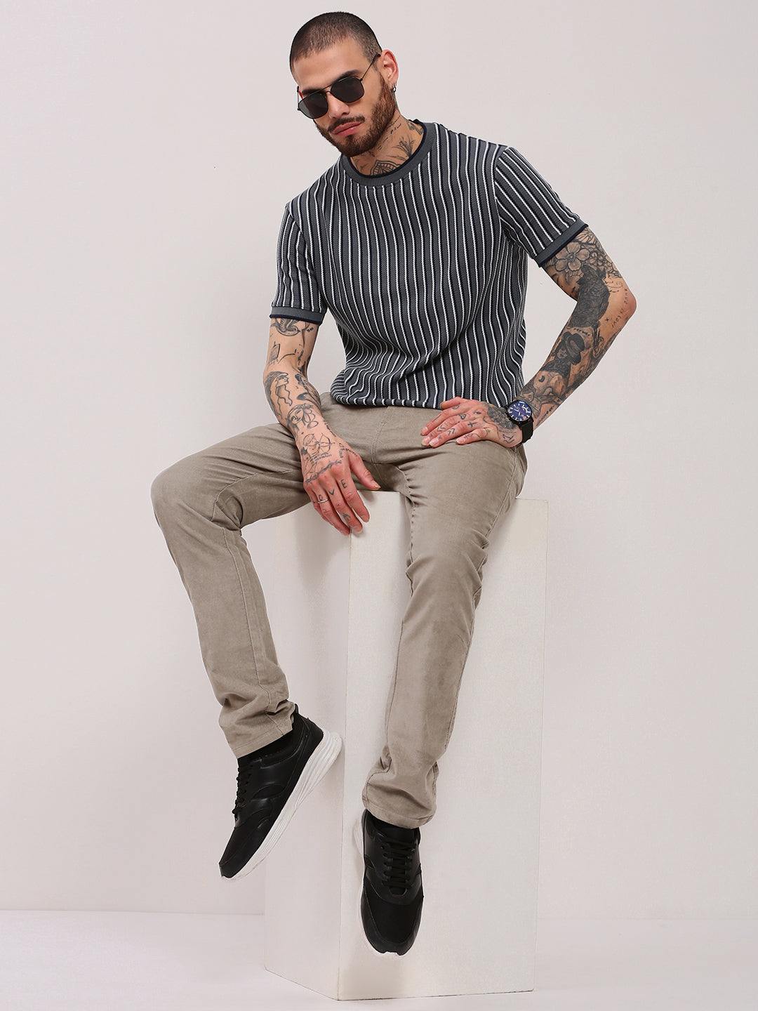 Men Grey Striped T Shirt