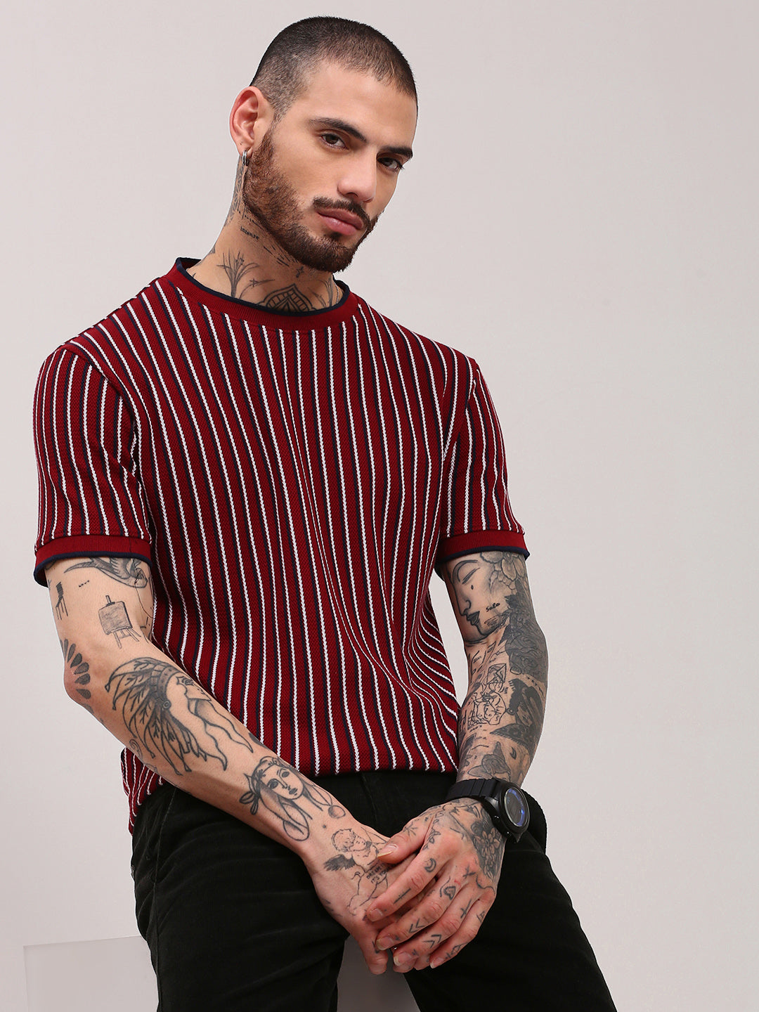 Men Red Striped T Shirt