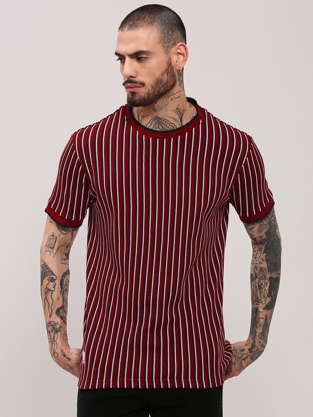 Men Red Striped T Shirt