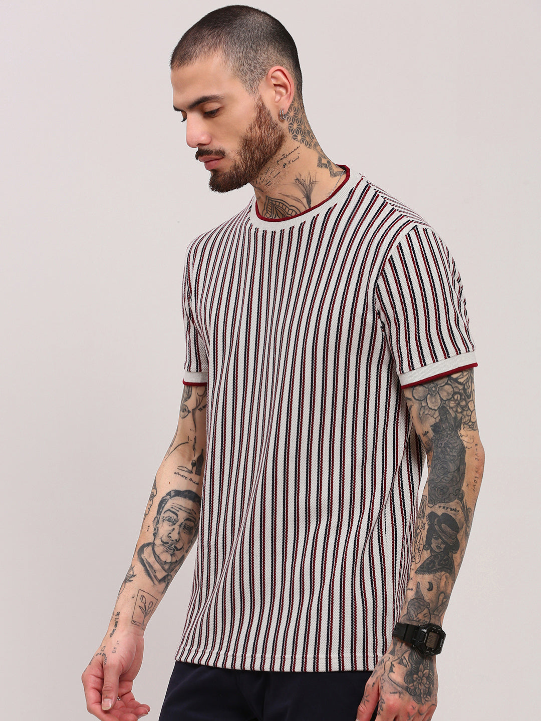 Men White Striped T Shirt