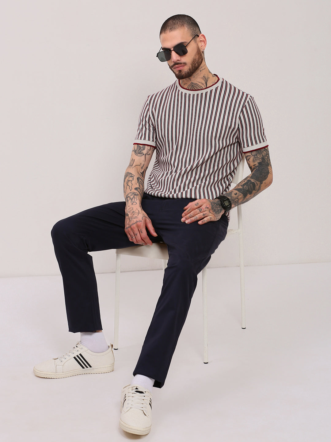 Men White Striped T Shirt