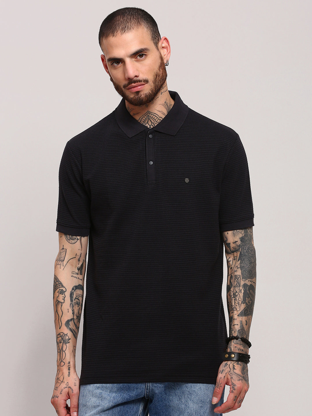 Buy Men's Black Self Design Polo Collar T-Shirt Online | Showoffff