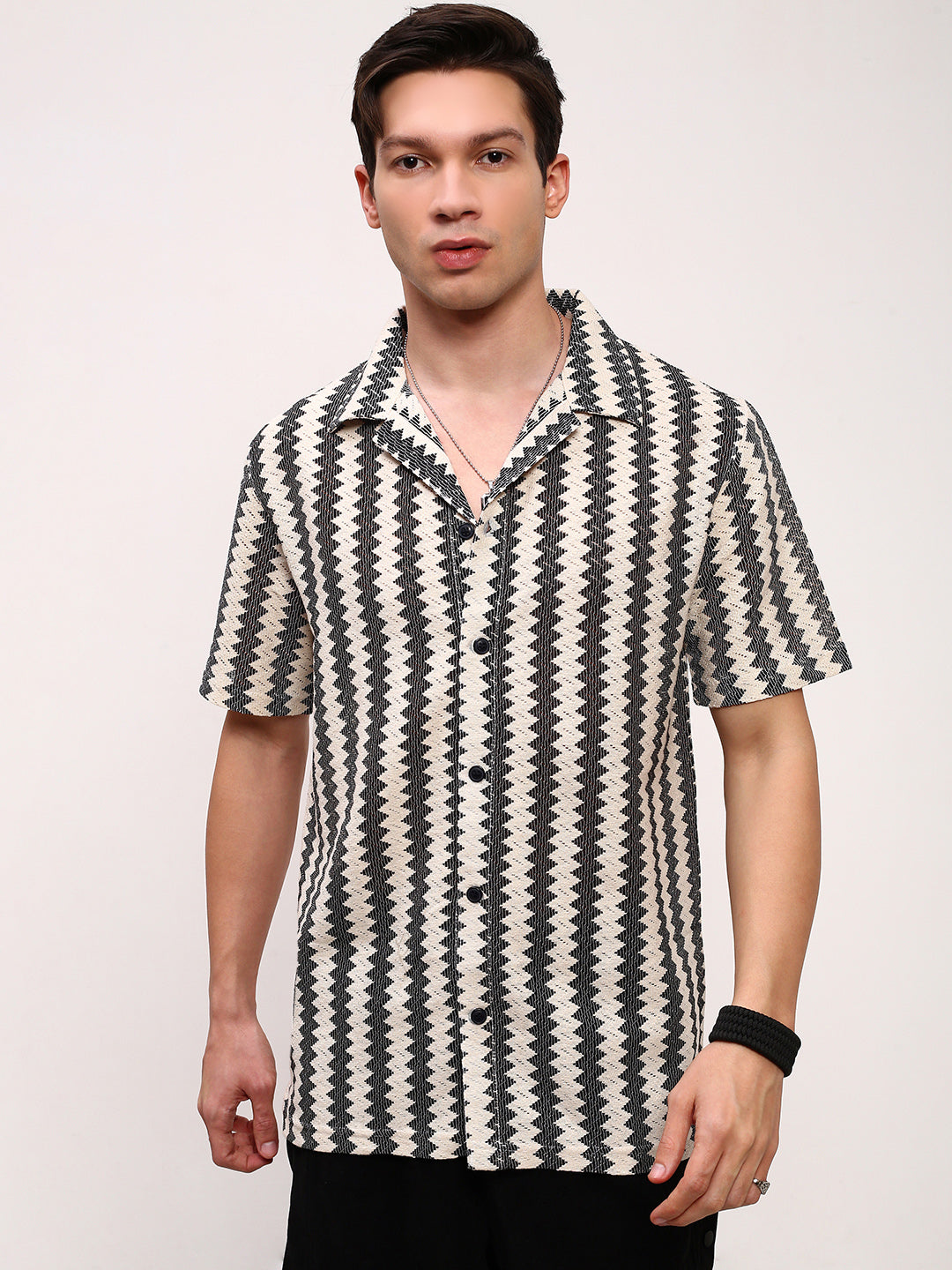 Men Cream Striped Cuban Collar Shirt