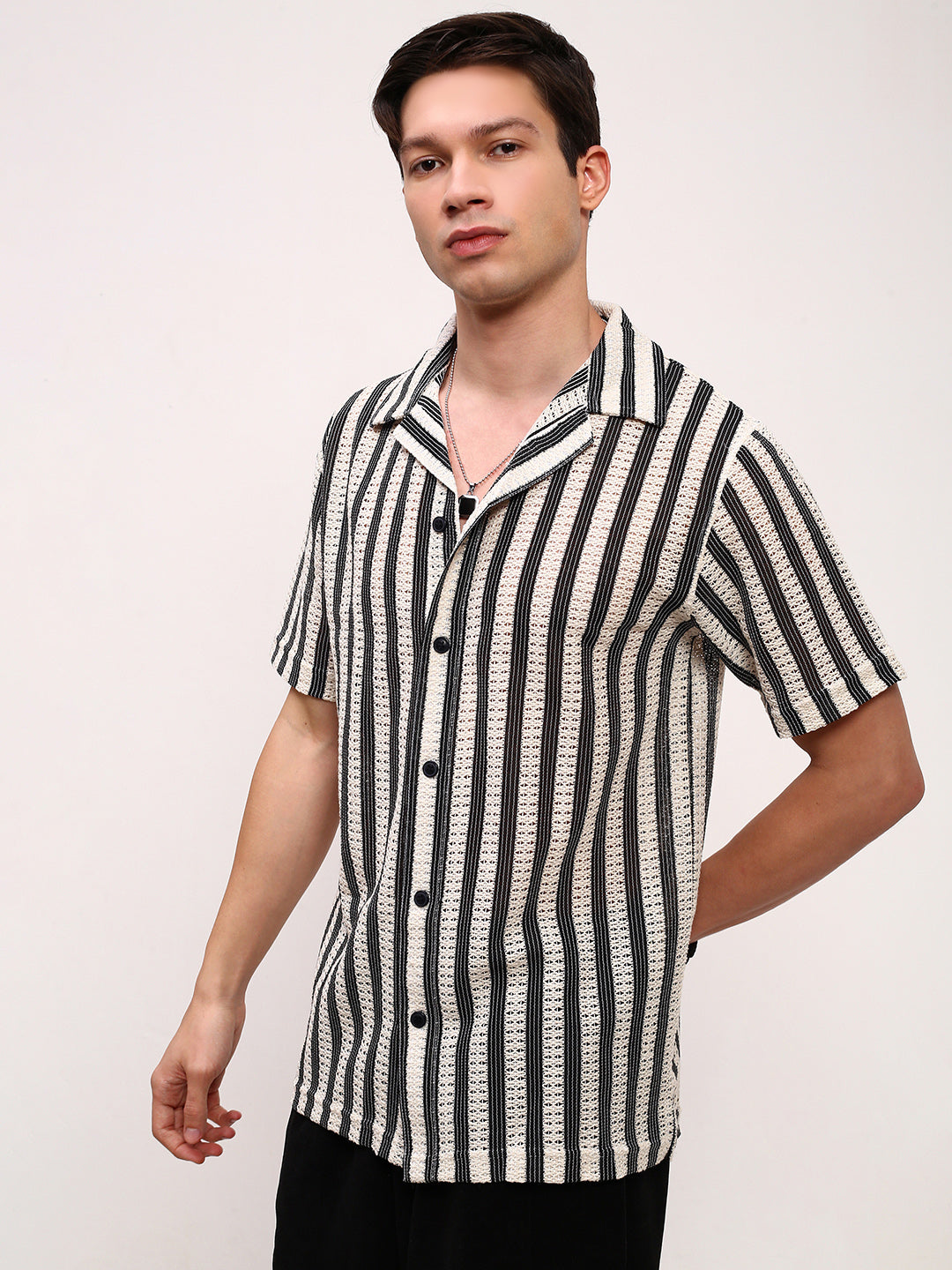 Men Cream Striped Cuban Collar Shirt