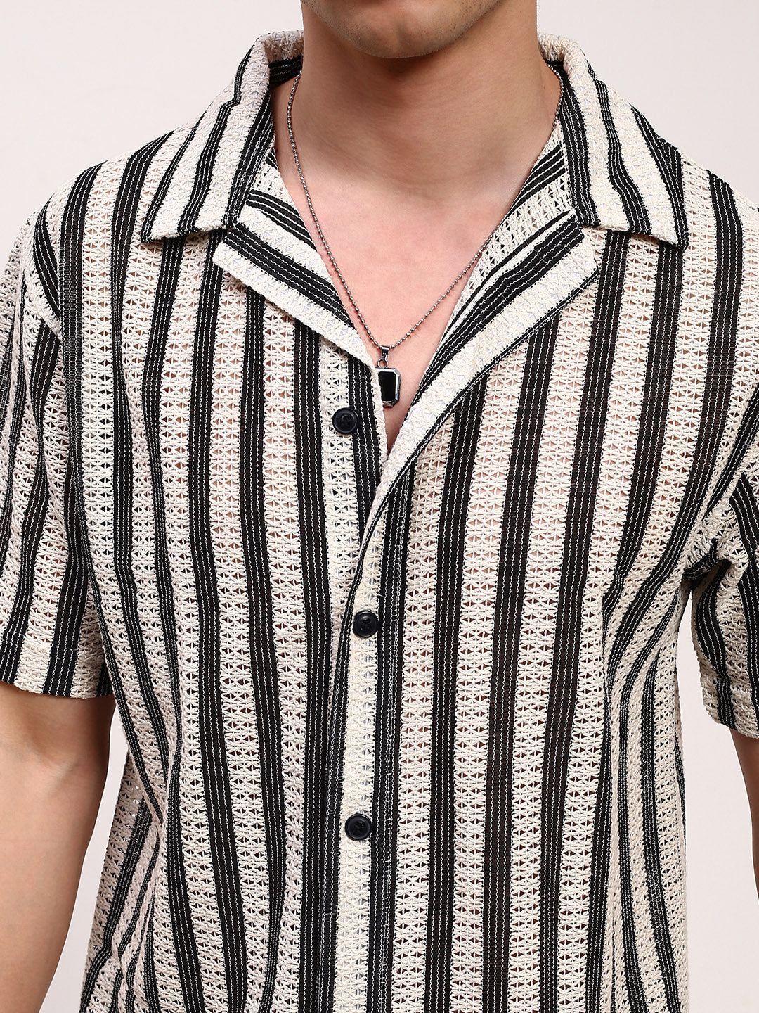 Men Cream Striped Cuban Collar Shirt