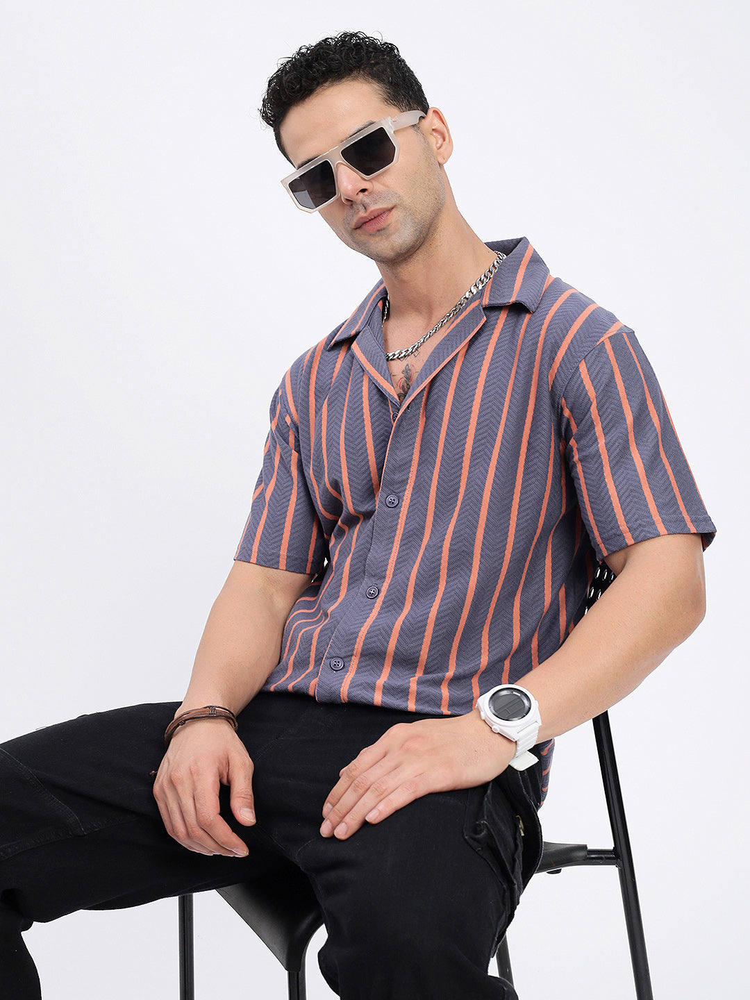 Men Striped Grey Relaxed Fit Shirt