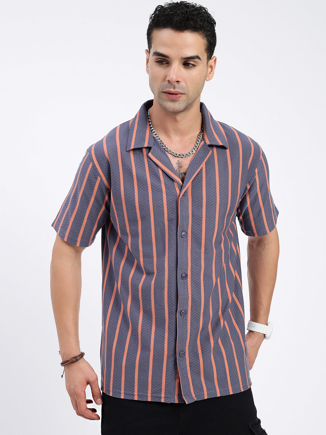 Men Striped Grey Relaxed Fit Shirt