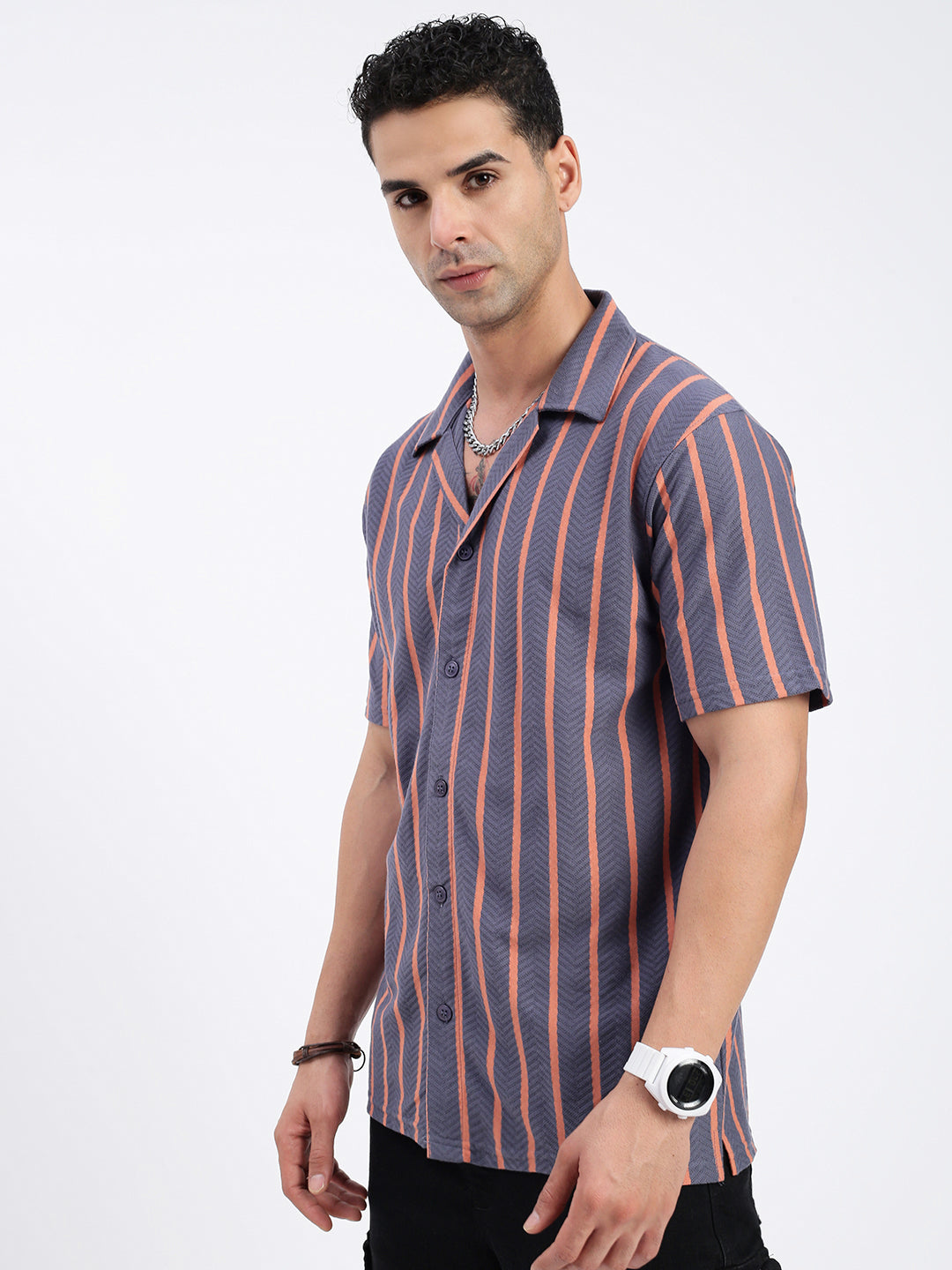 Men Striped Grey Relaxed Fit Shirt