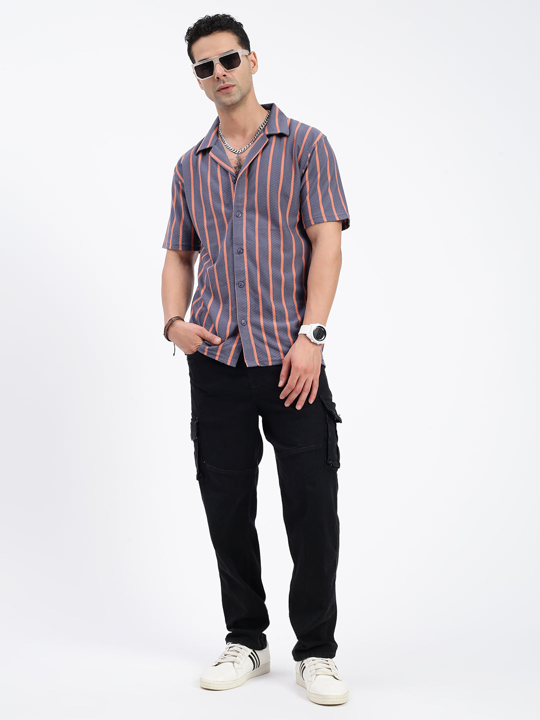 Men Striped Grey Relaxed Fit Shirt