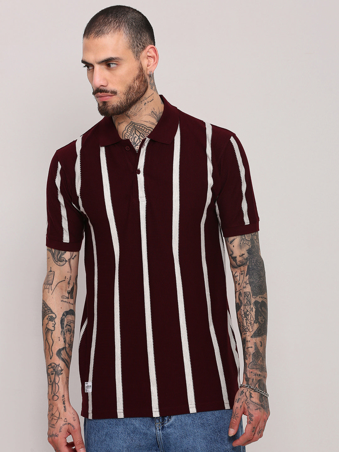 Men Burgundy Striped T Shirt