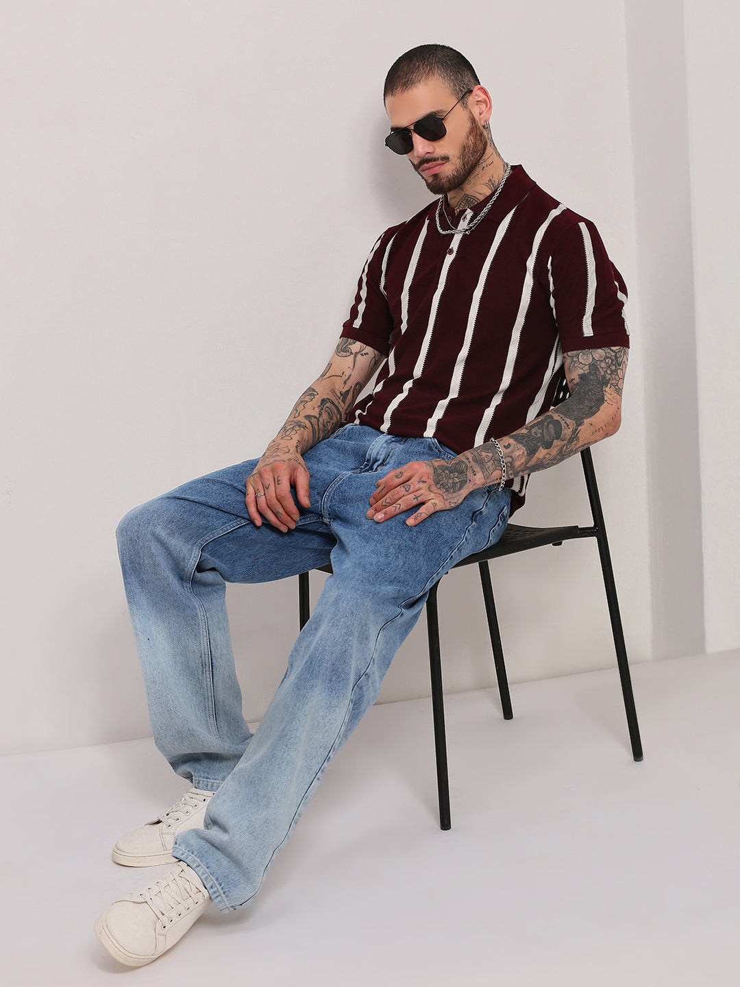 Men Burgundy Striped T Shirt