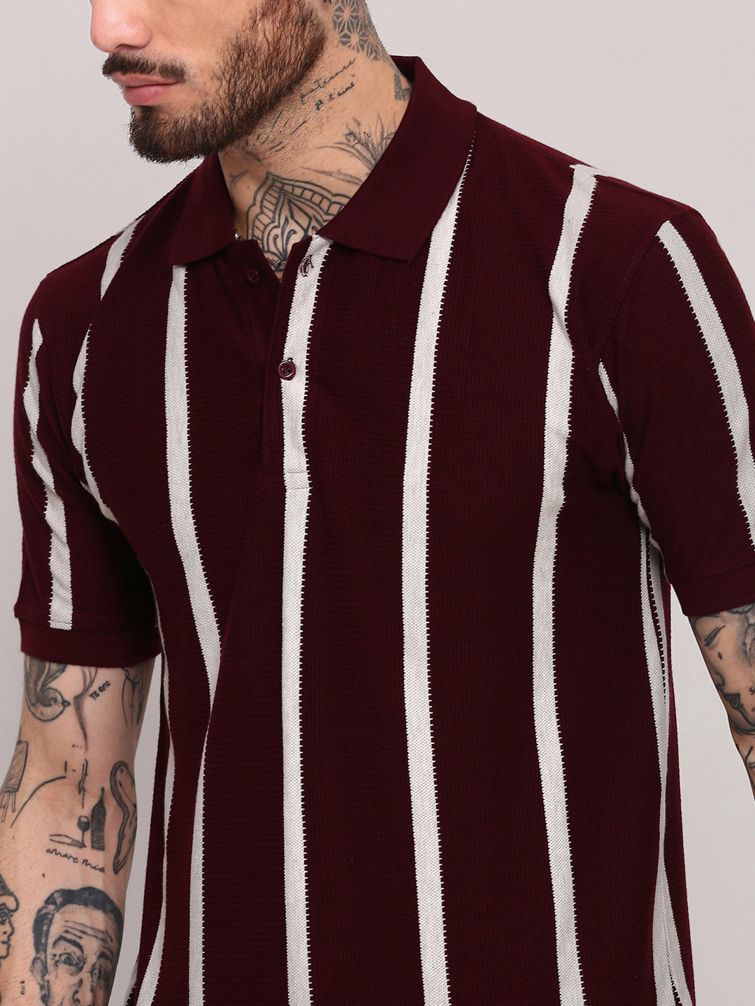 Men Burgundy Striped T Shirt