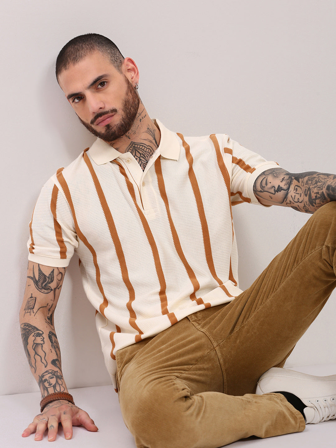 Men Cream Striped T Shirt