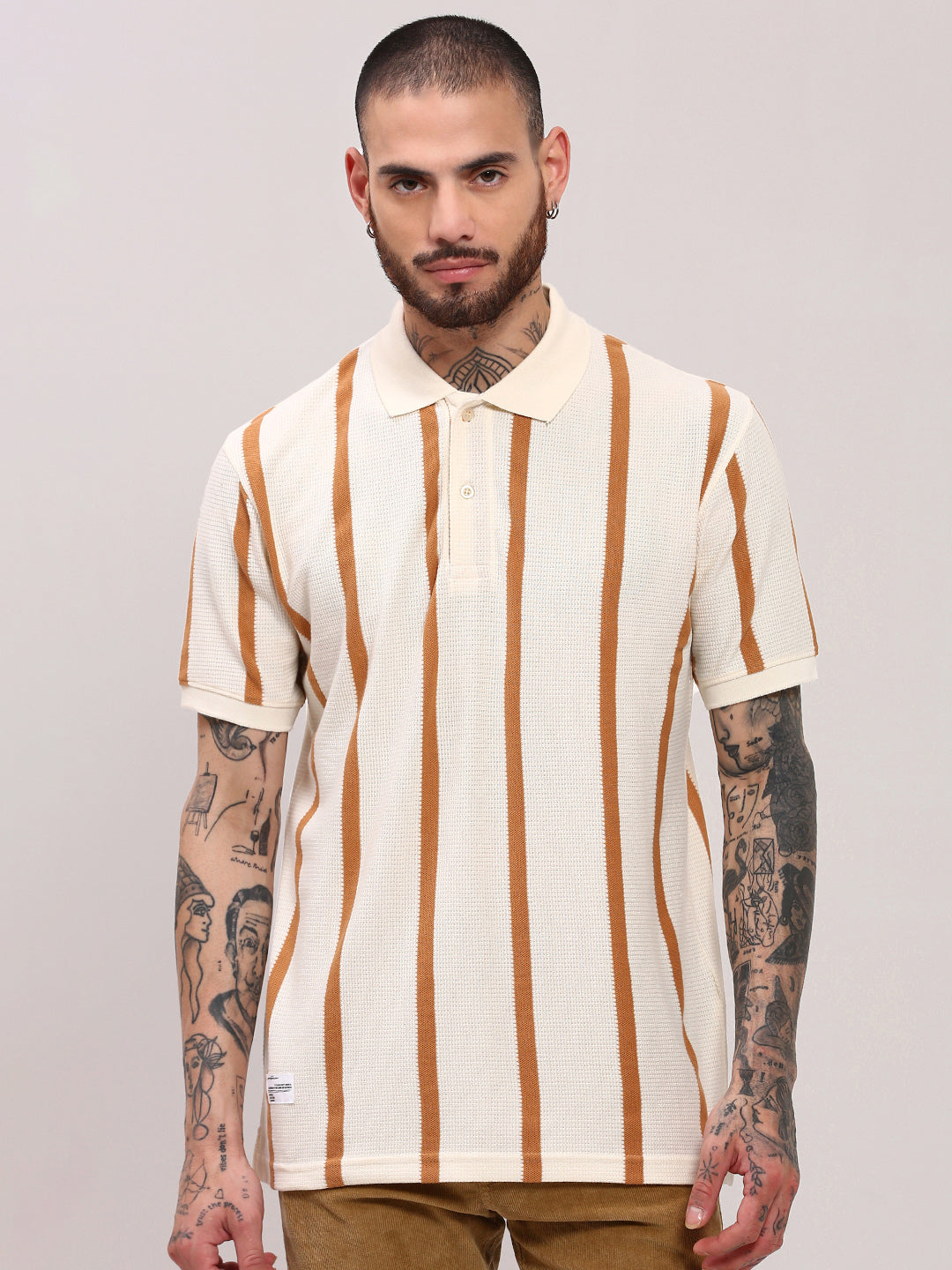 Men Cream Striped T Shirt