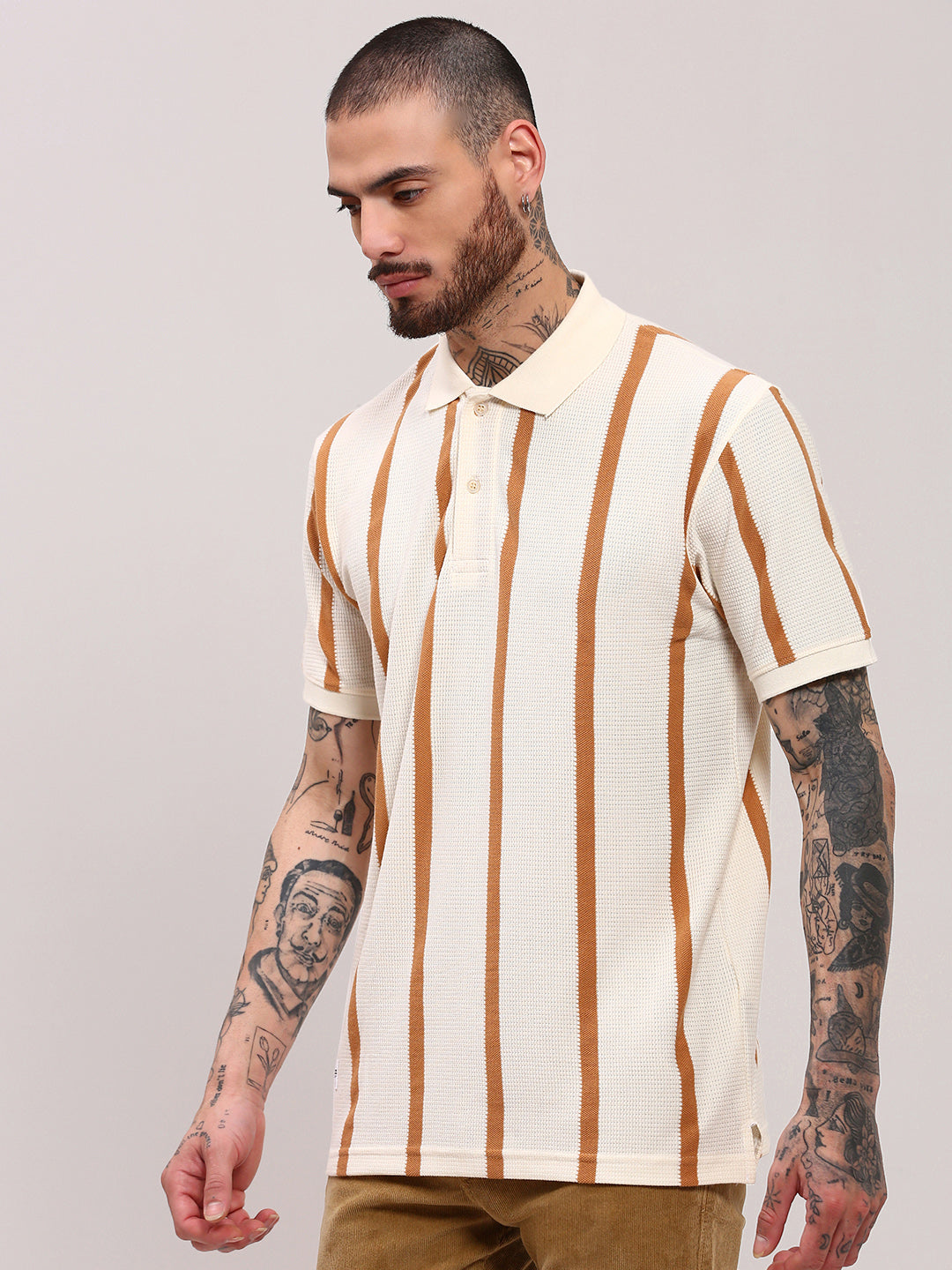 Men Cream Striped T Shirt