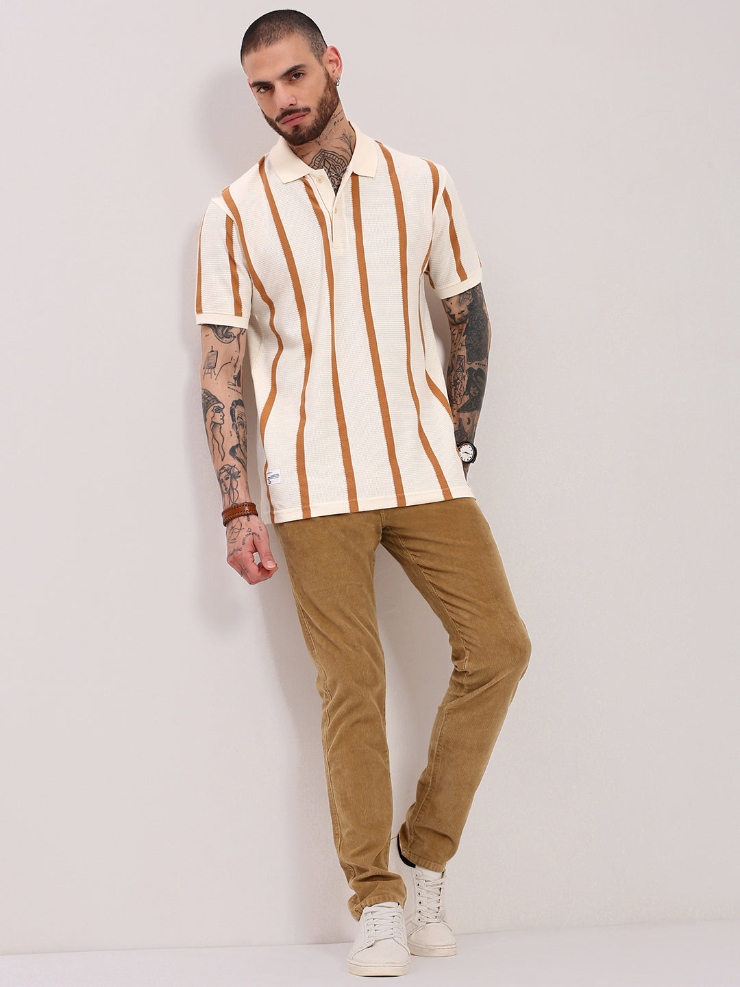 Men Cream Striped T Shirt