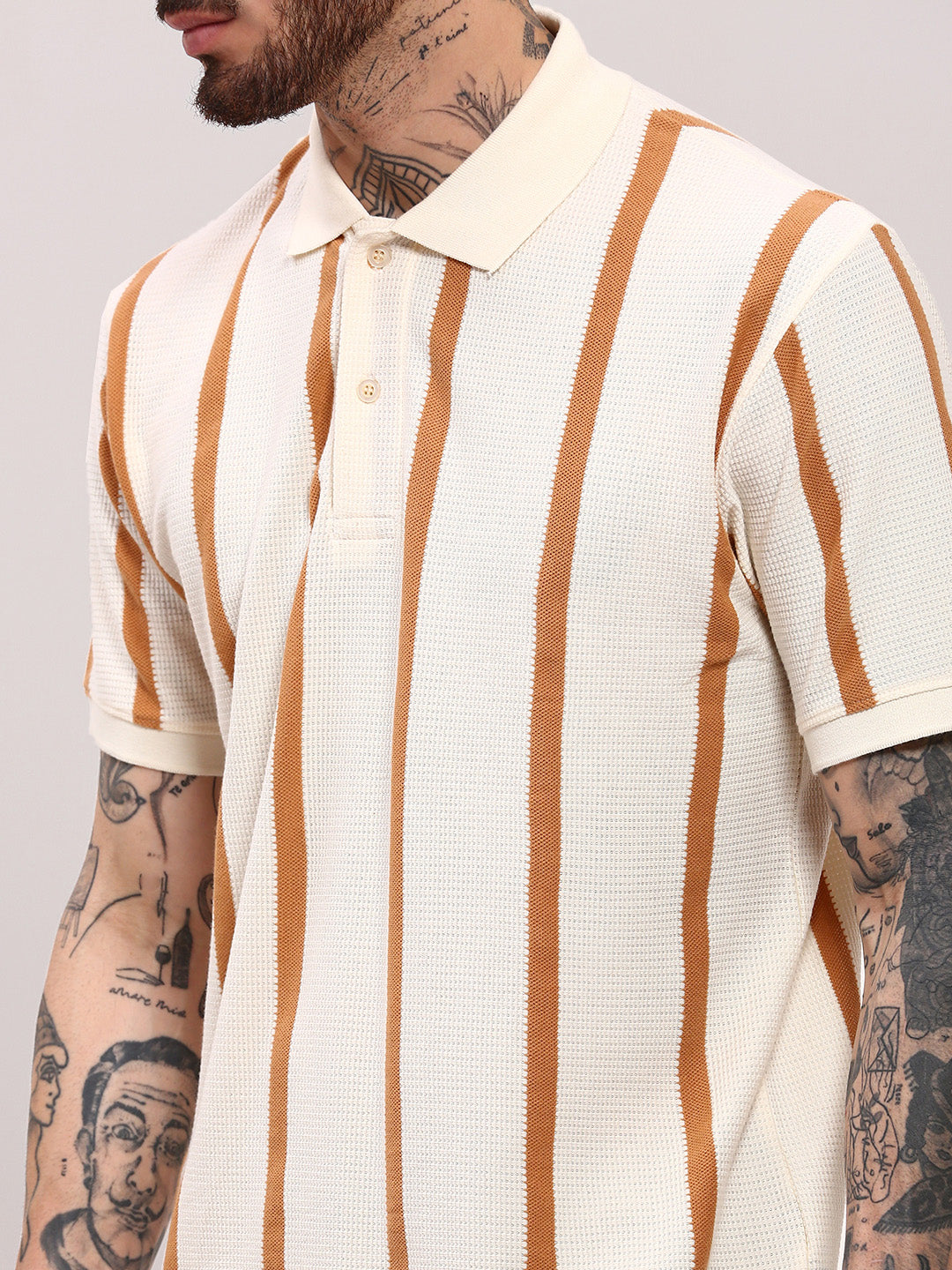 Men Cream Striped T Shirt