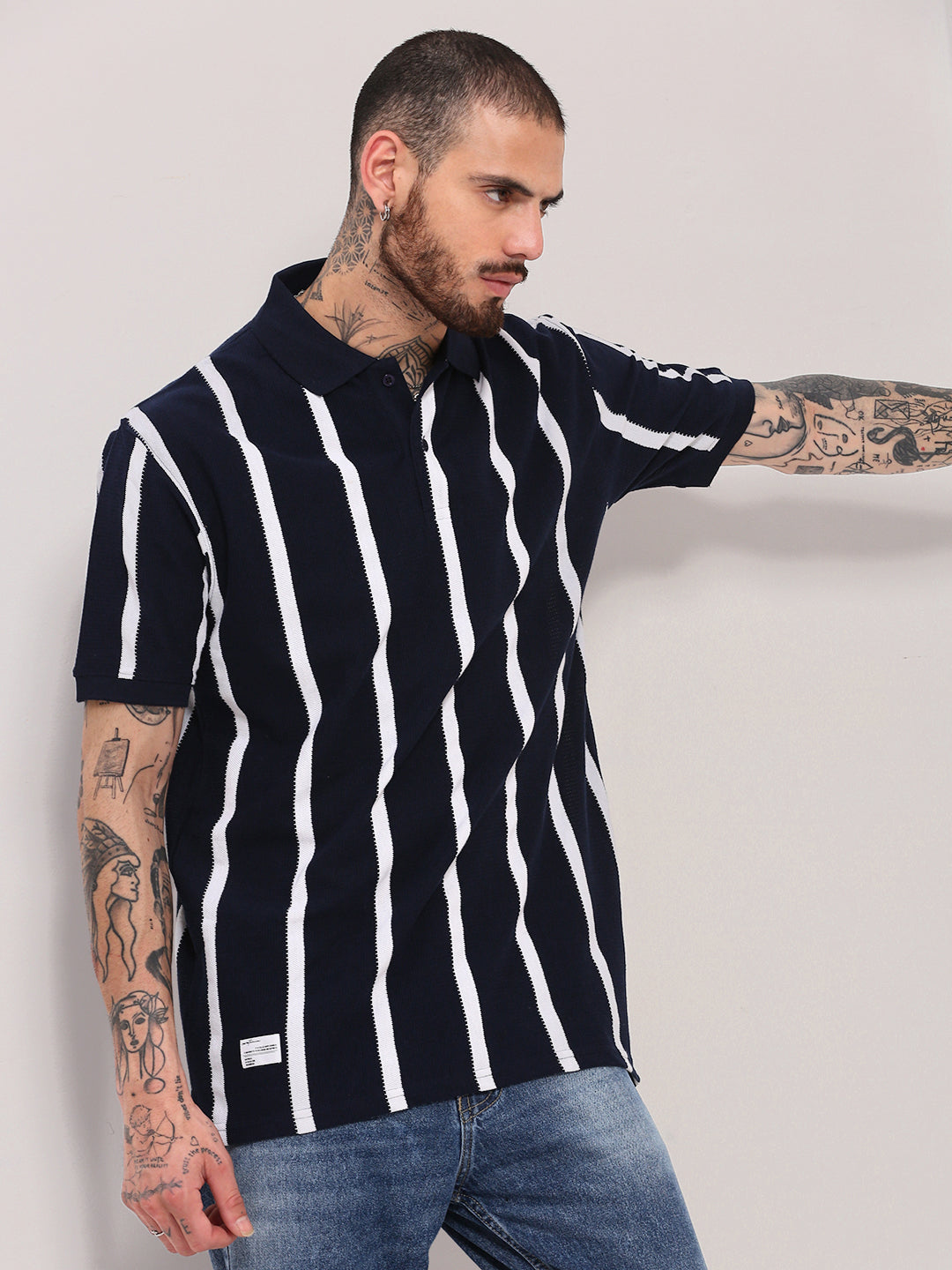 Men Navy Blue Striped T Shirt